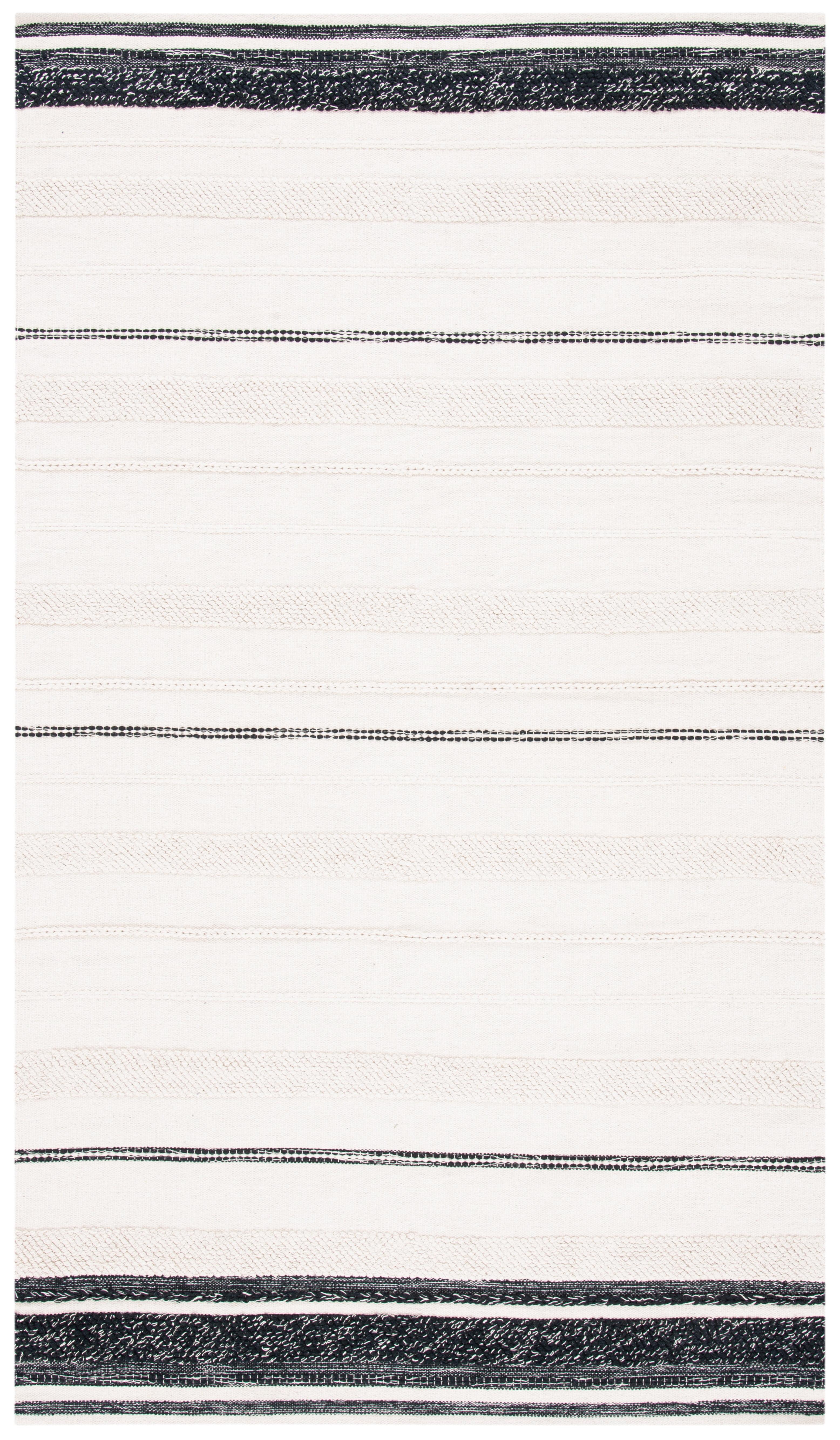 Ivory and Black 9' x 12' Wool Cotton Striped Kilim Rug