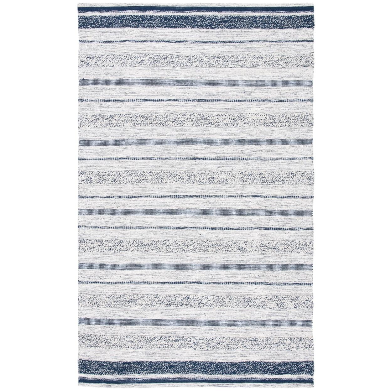 Ivory and Navy Handwoven Wool-Cotton Kilim Area Rug 59 in x 8 in