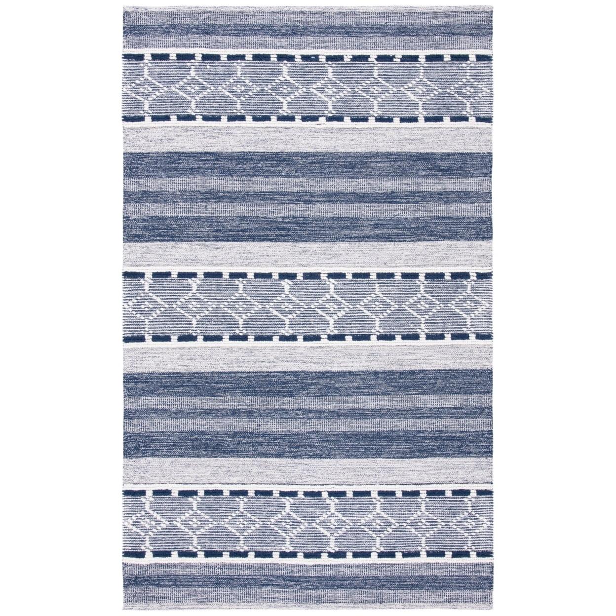 Ivory and Navy Handwoven Kilim Stripe Wool-Cotton Rug, 54"x16"