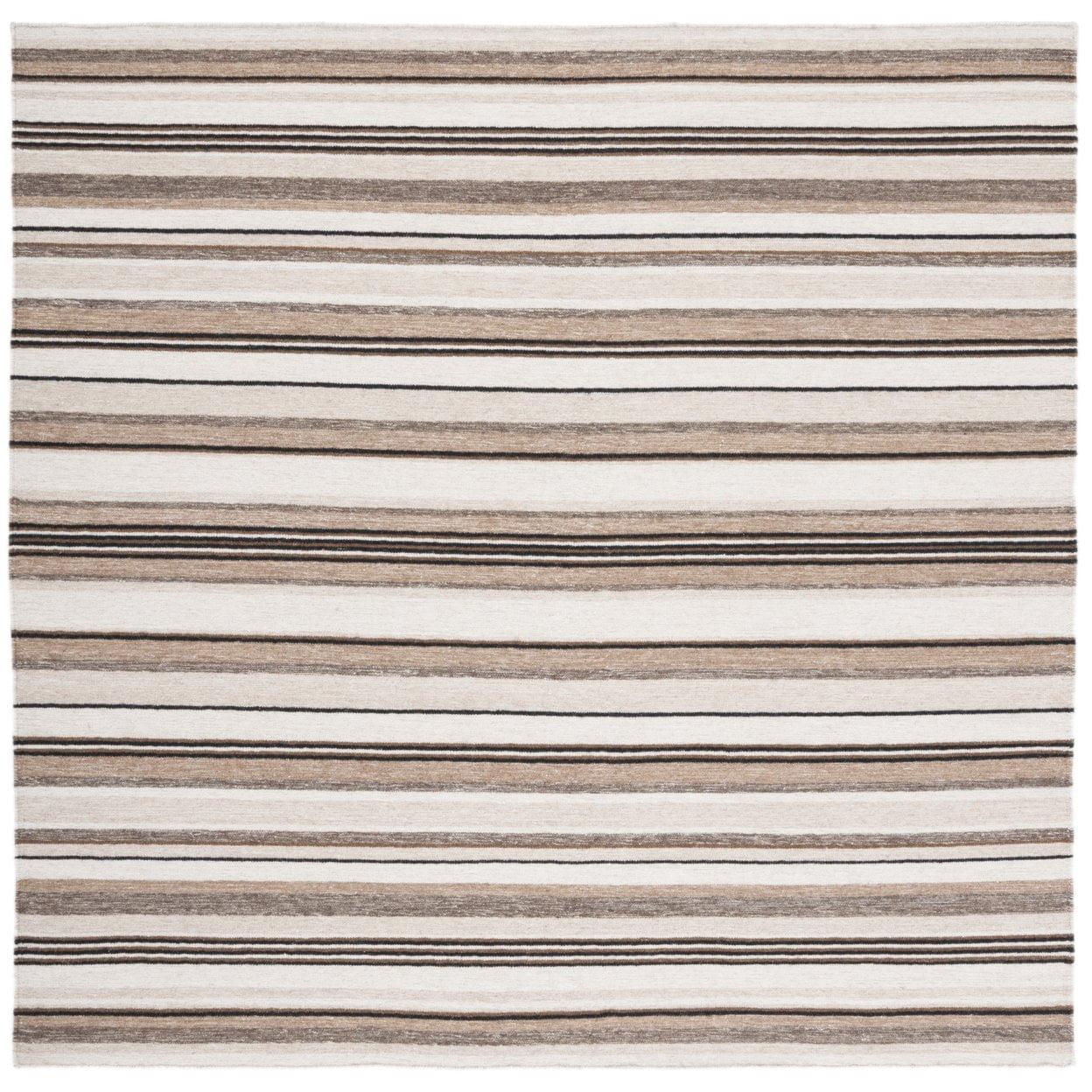 Ivory and Natural Striped Wool Kilim 7' Square Rug