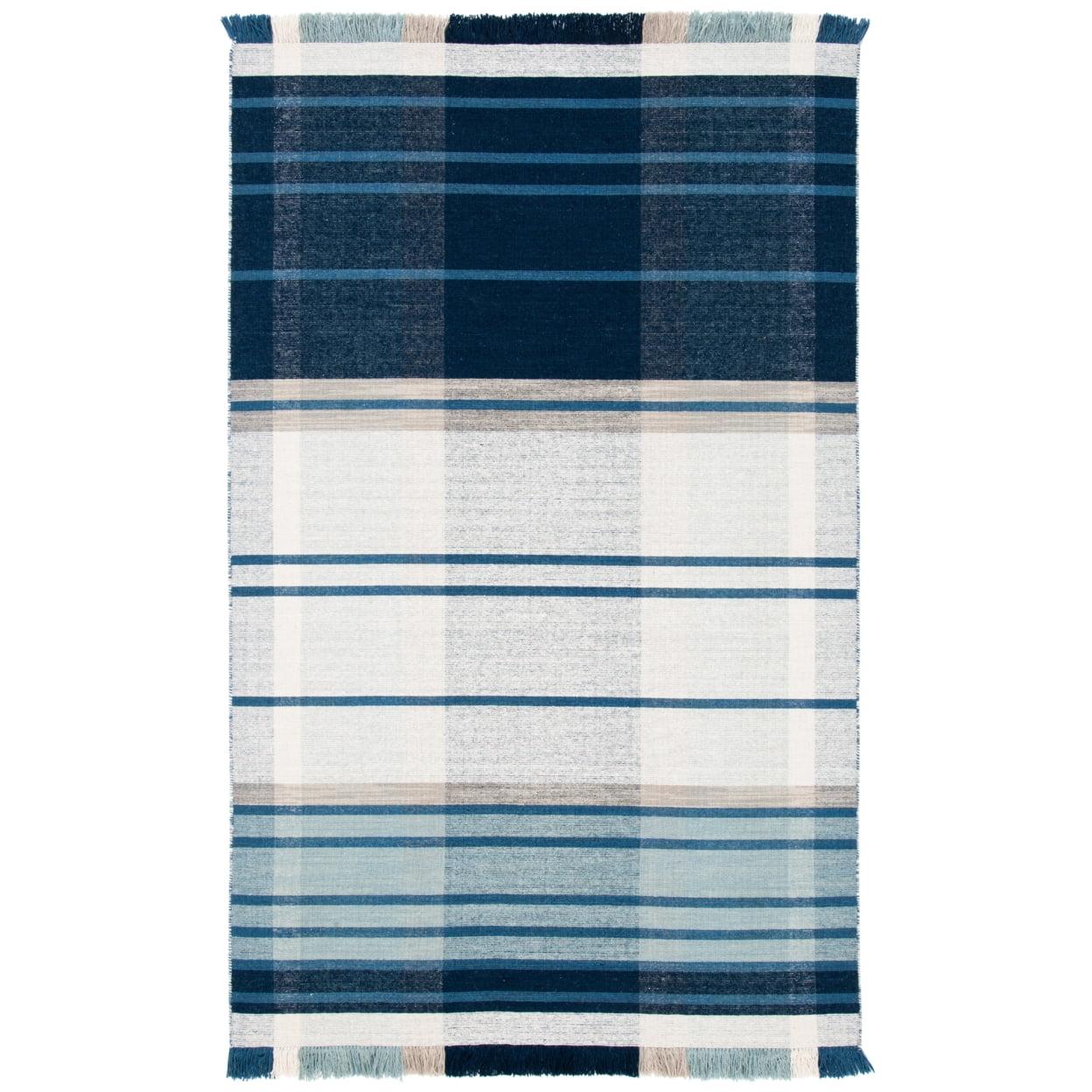 Blue and Beige Striped Wool Flat Woven Area Rug