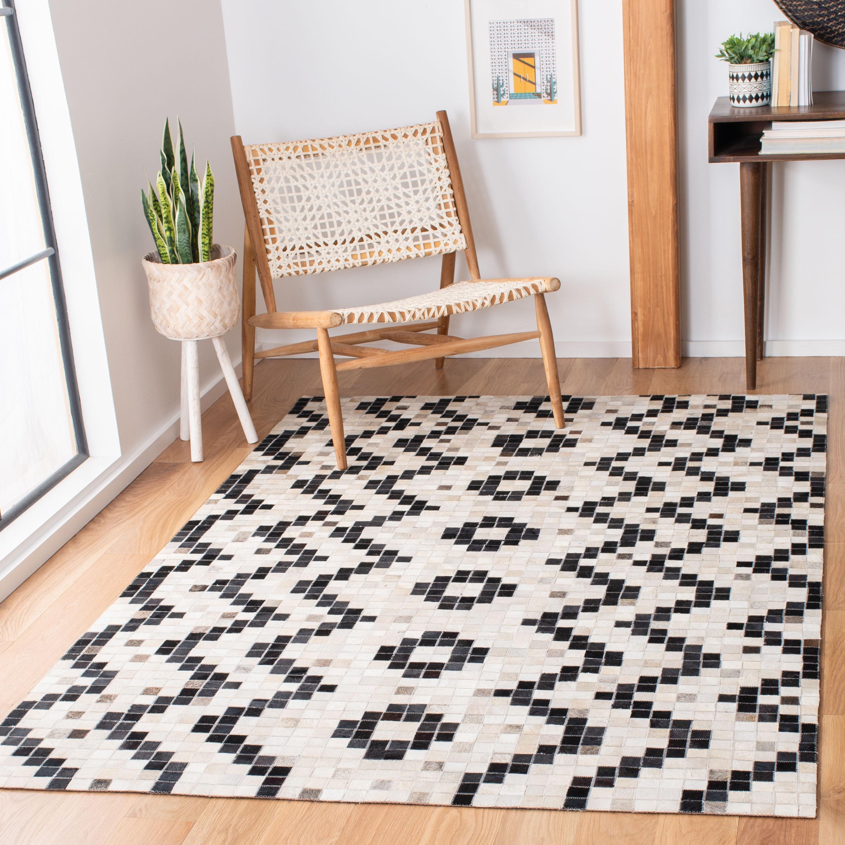 Geometric Black and Ivory Hand-Stitched Cowhide Area Rug 4' x 6'