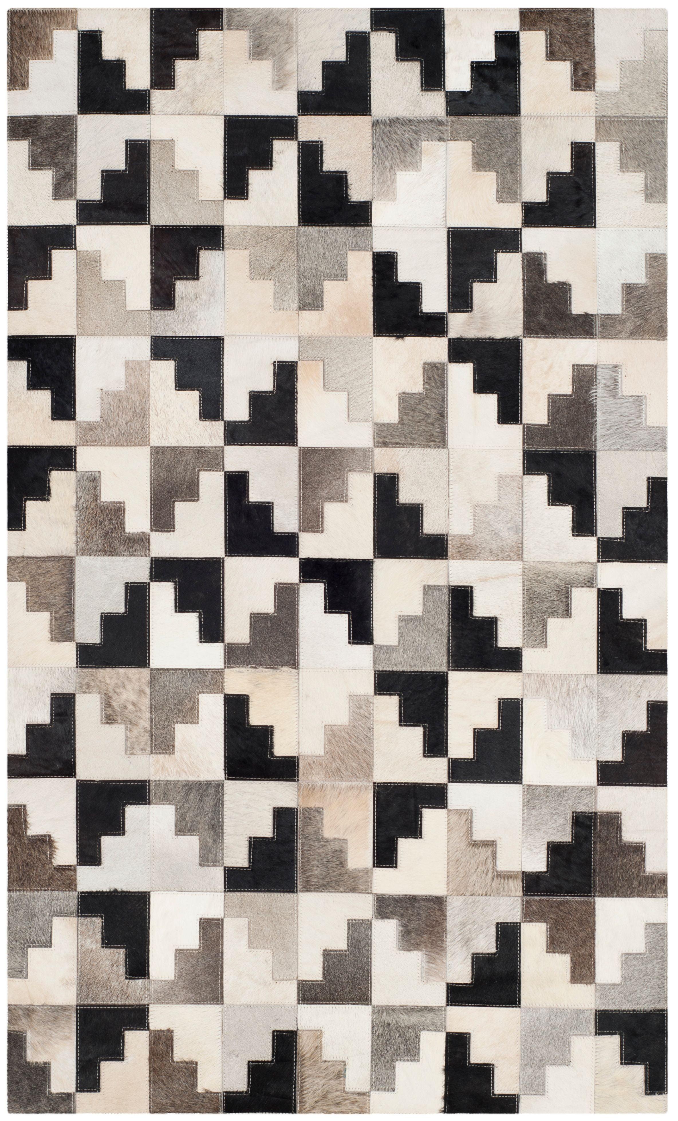 Handmade Black and Ivory Geometric Cowhide Area Rug, 3' x 5'