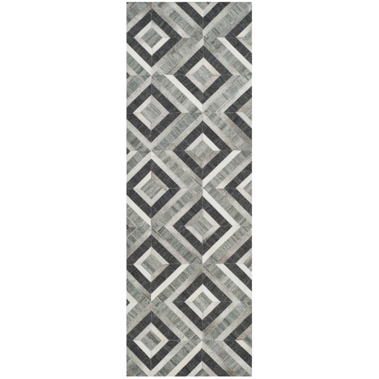 Ivory and Dark Grey Geometric Cowhide Runner Rug