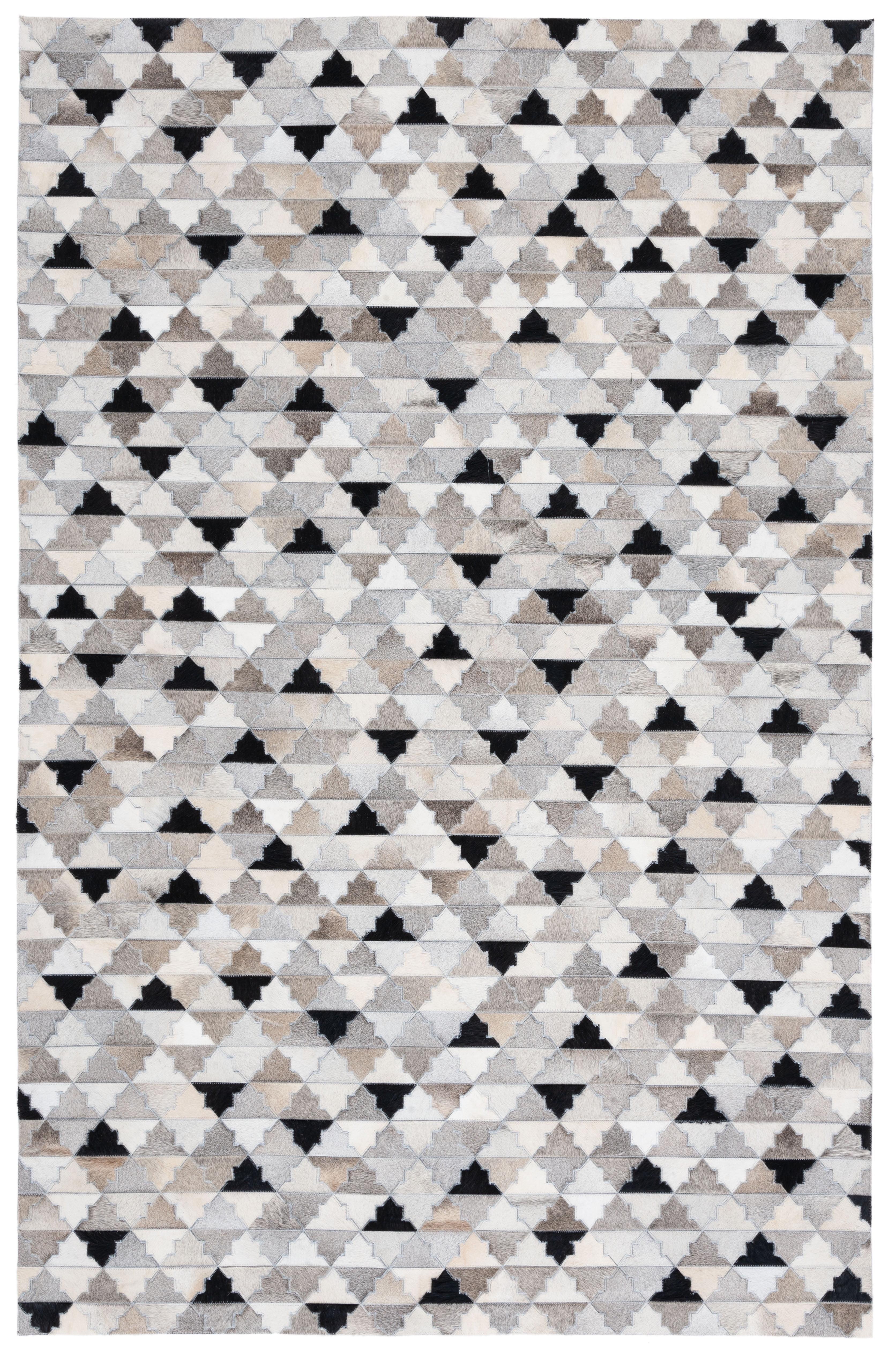 Geometric Gray and Black Hand-Stitched Cowhide Rug - 4' x 6'