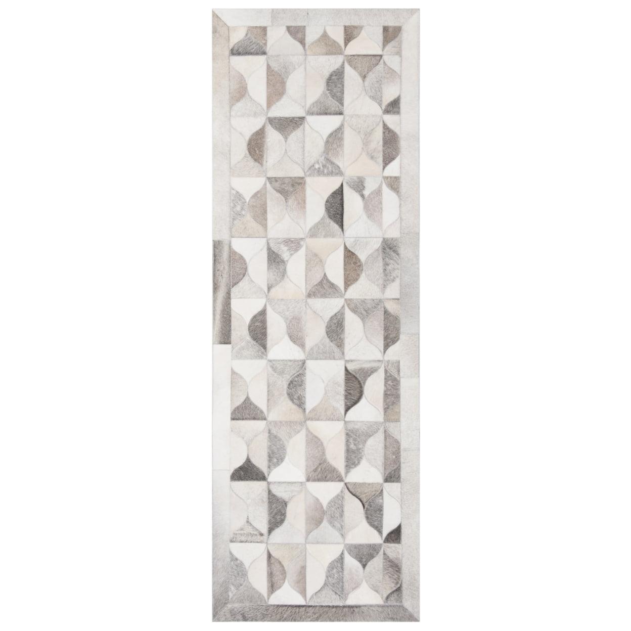 Handmade Gray Cowhide Geometric Runner Rug, 2'3" x 7'