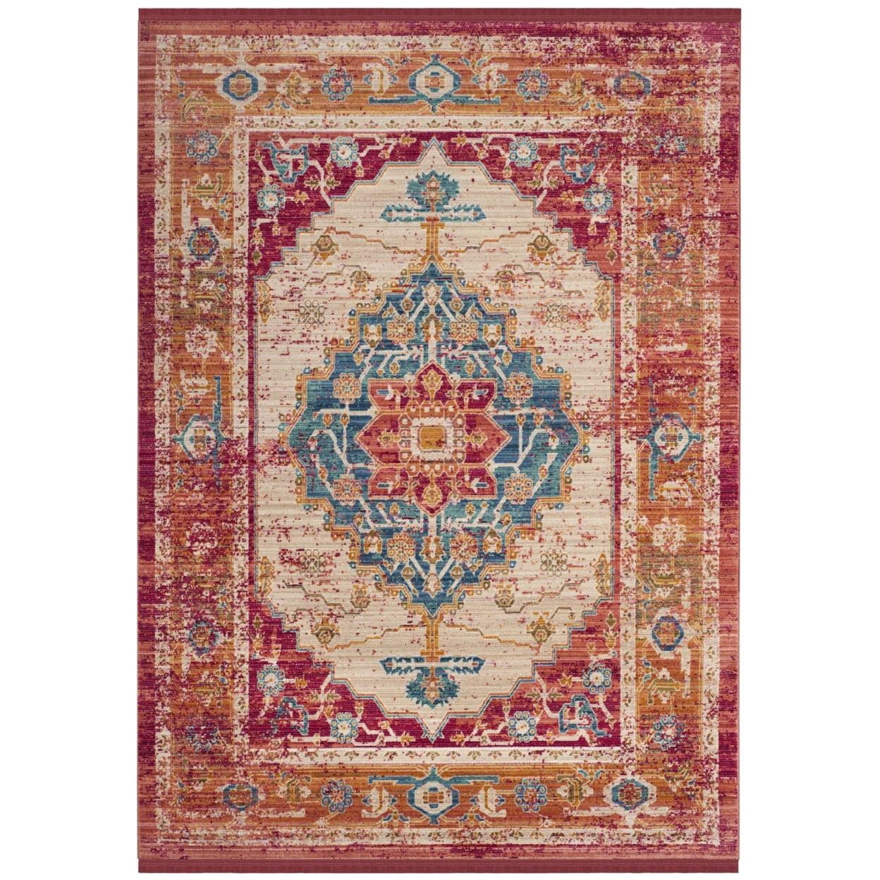 Ivory and Fuchsia Floral Medallion 5' x 7' Cotton Area Rug