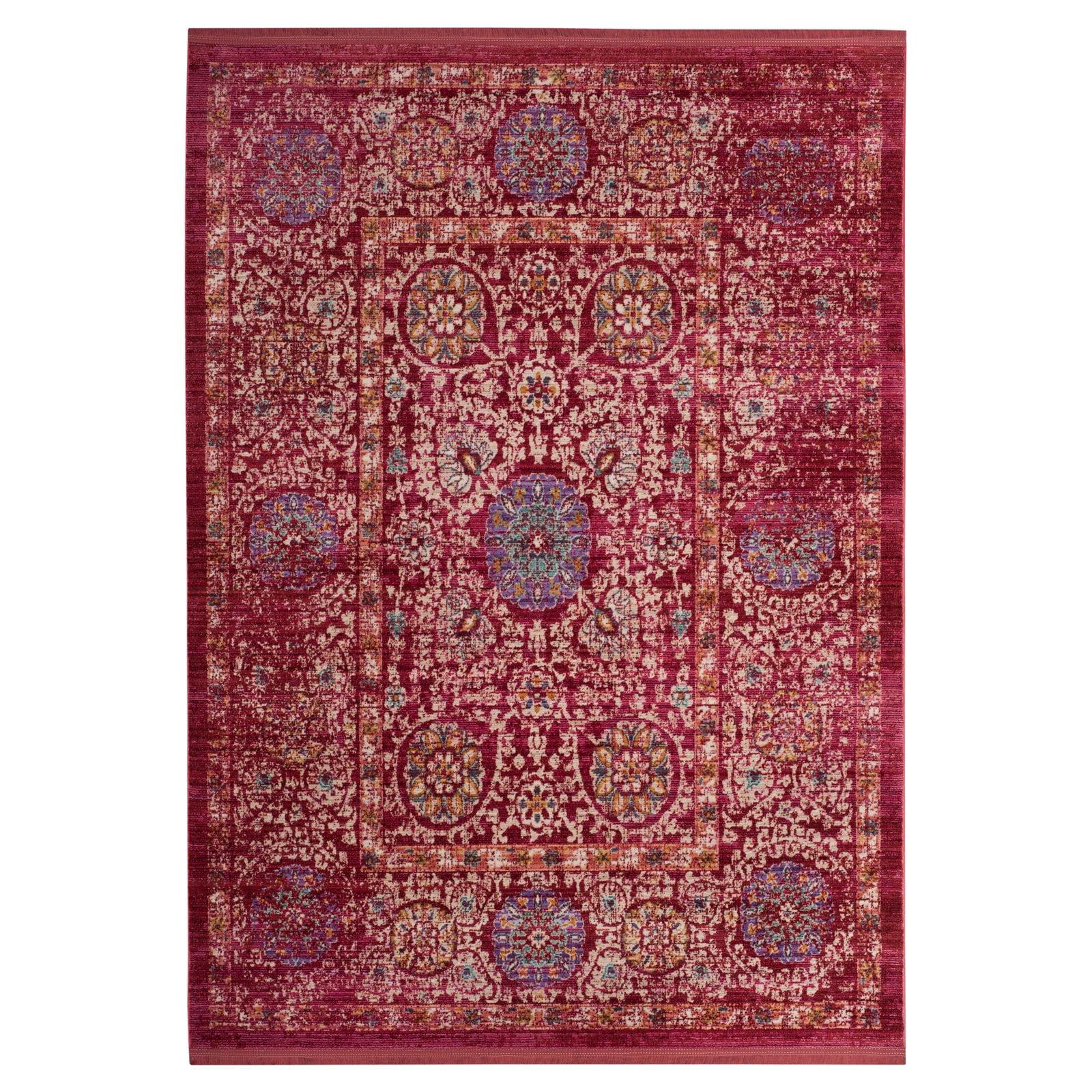 Fuchsia and Ivory Floral Motif Runner Rug, 3' x 8'