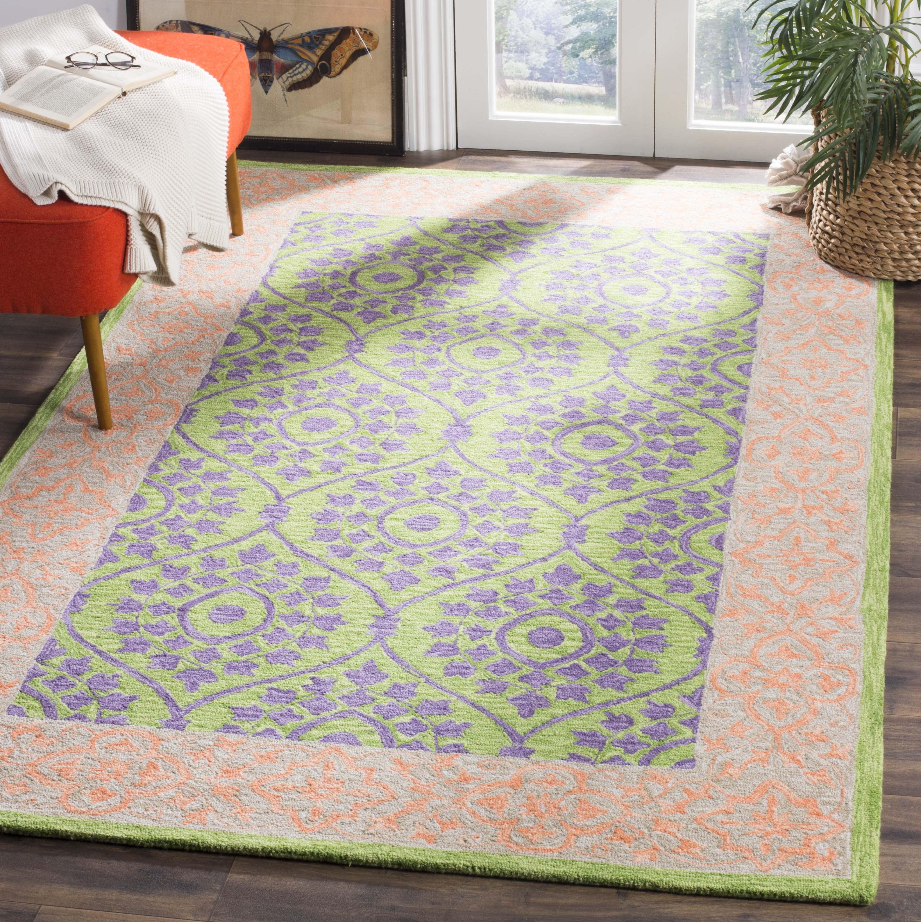 Green and Violet Floral Wool Area Rug, 5' x 8'