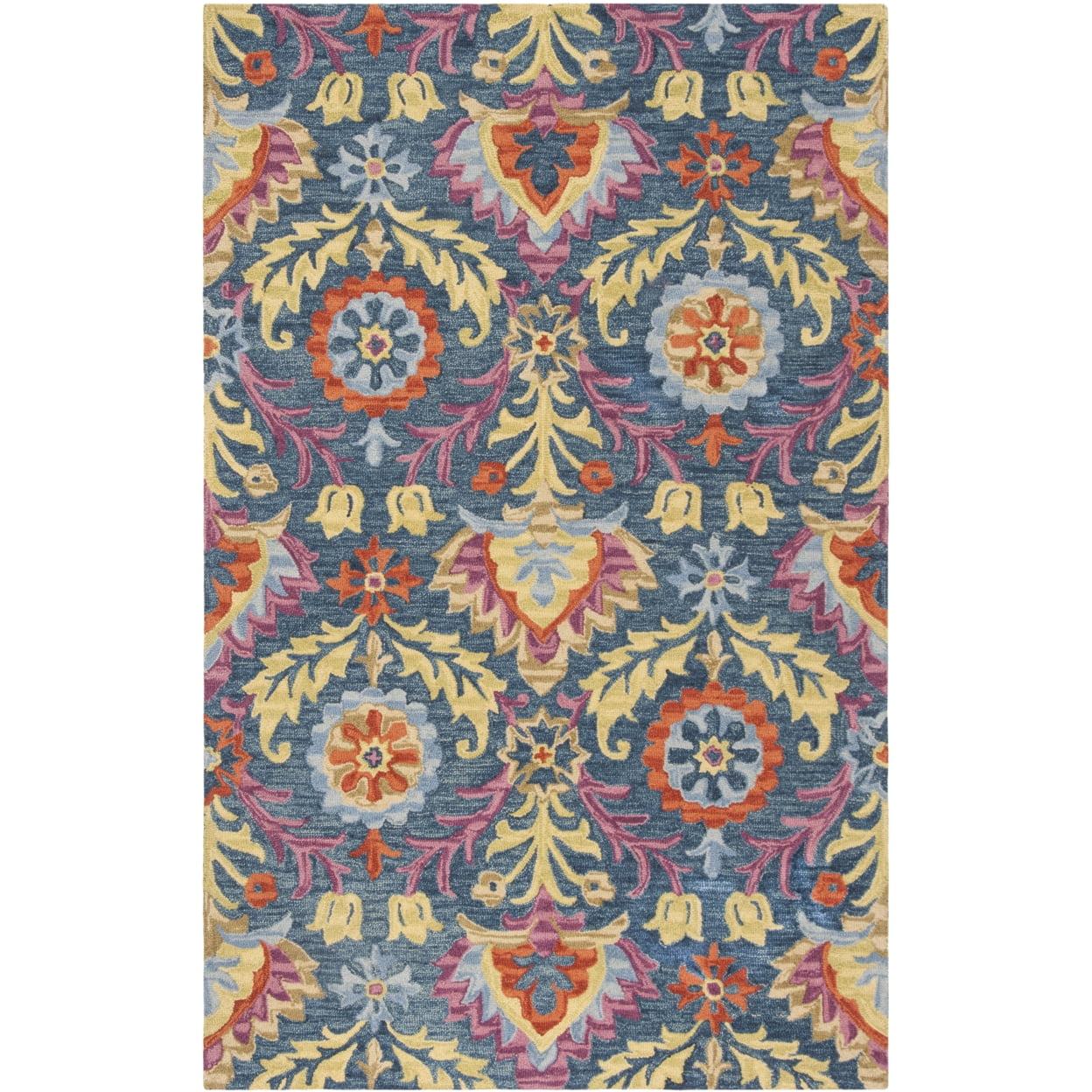 Hand-Knotted Blue Floral Wool 4' x 6' Area Rug