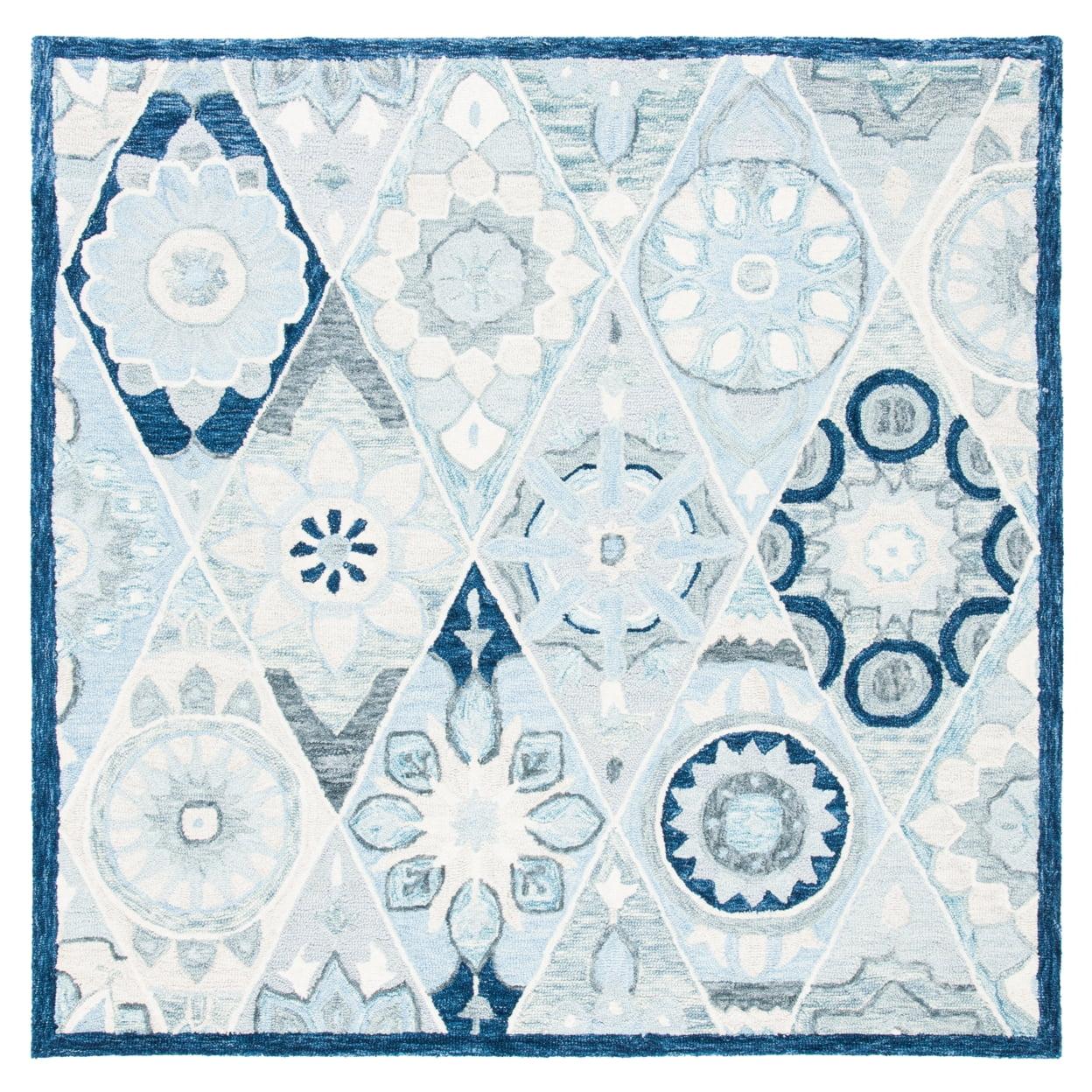 Ivory and Blue Floral Wool Handmade Square Rug