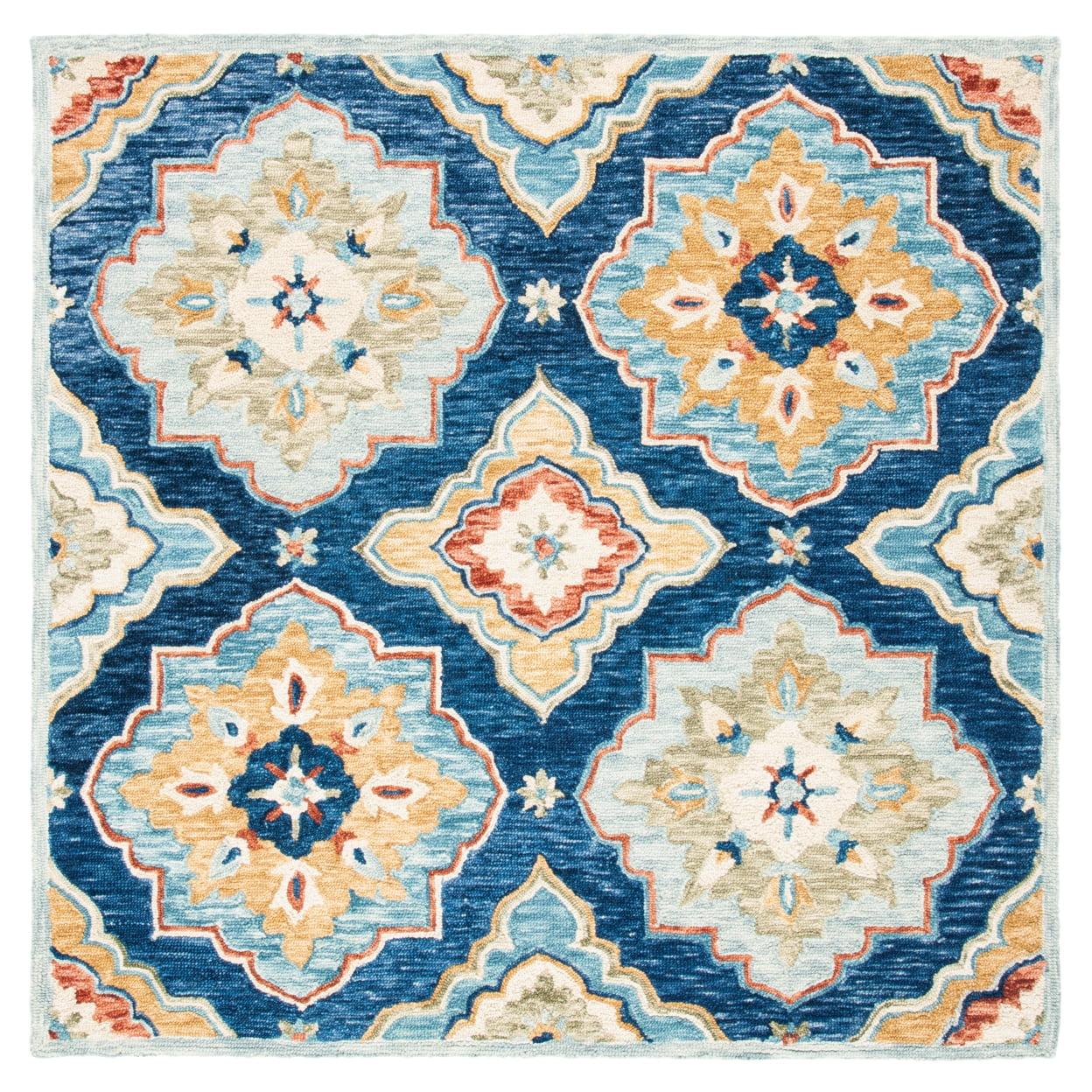 Handcrafted Medallion Motif Square Wool Rug in Blue - 6'