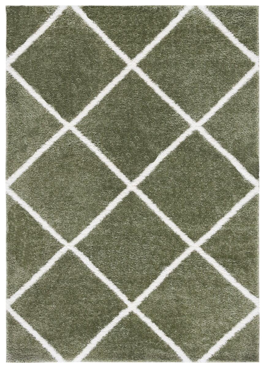 Sage and White Geometric Shag Rectangular Rug 5' x 7'