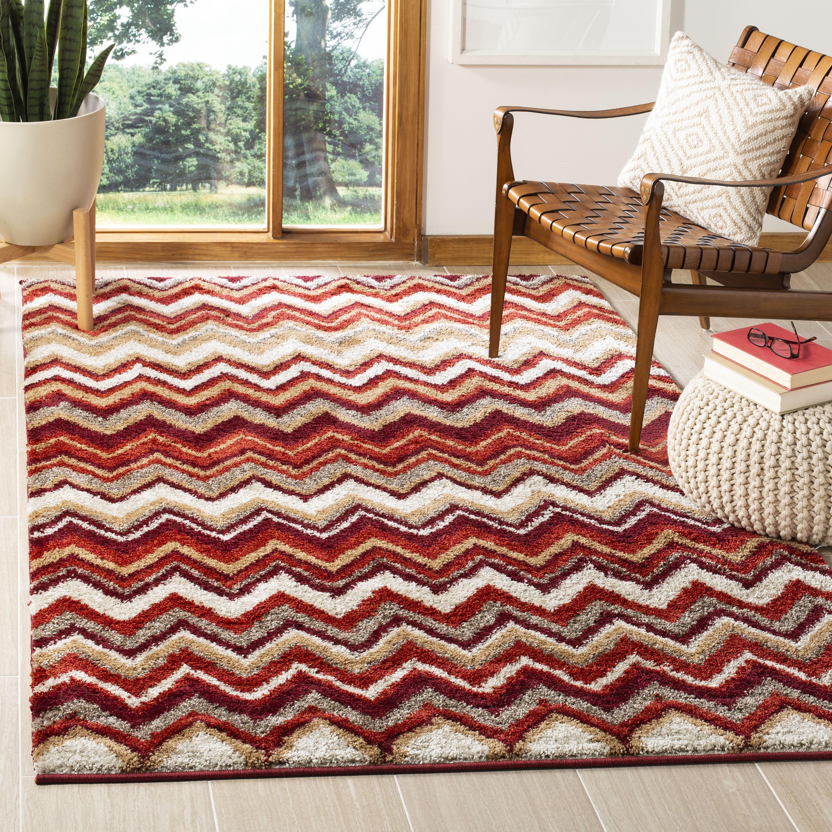 Red and Beige Striped 4' x 6' Synthetic Area Rug