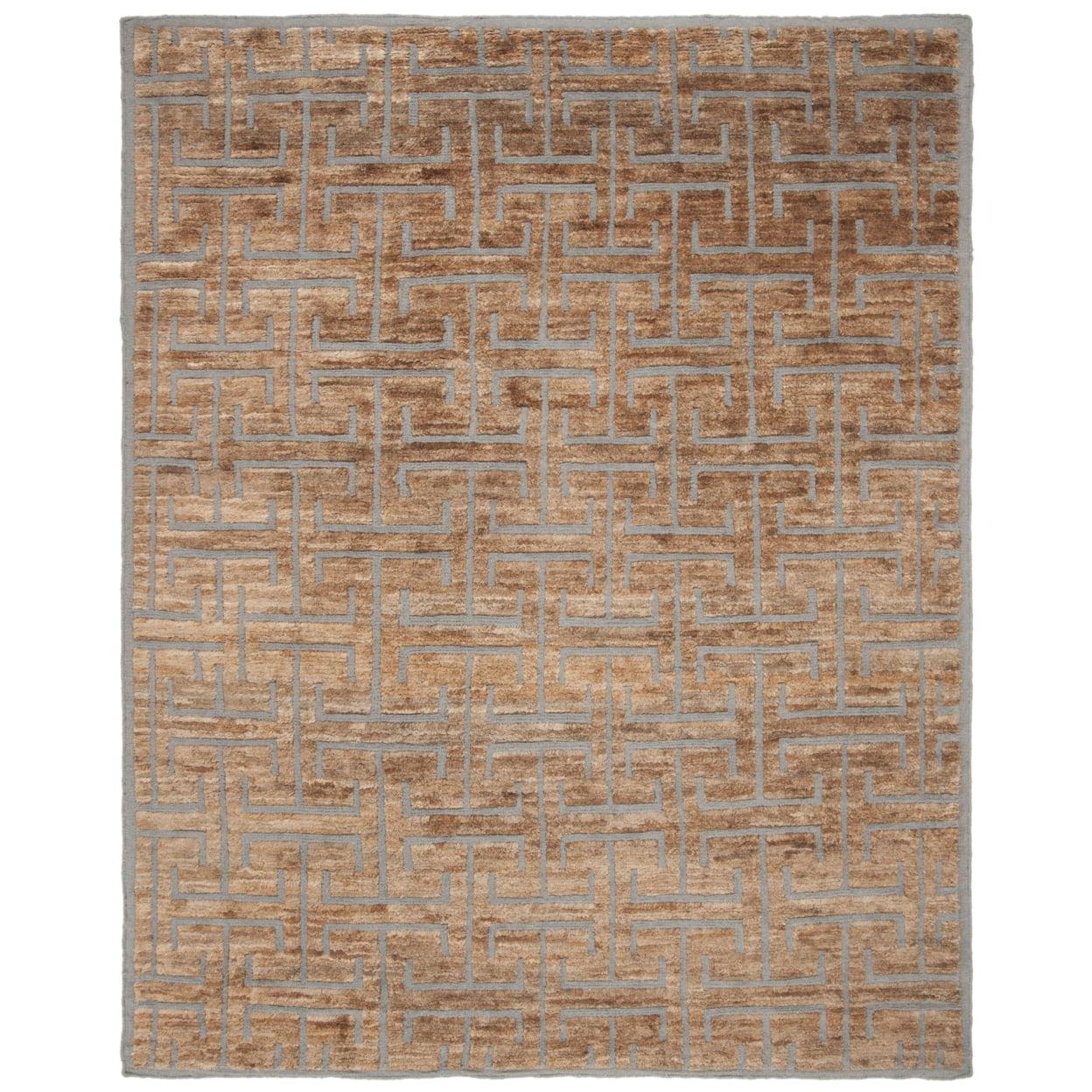 Gray Geometric Hand-Knotted Wool and Viscose 8' x 10' Rug