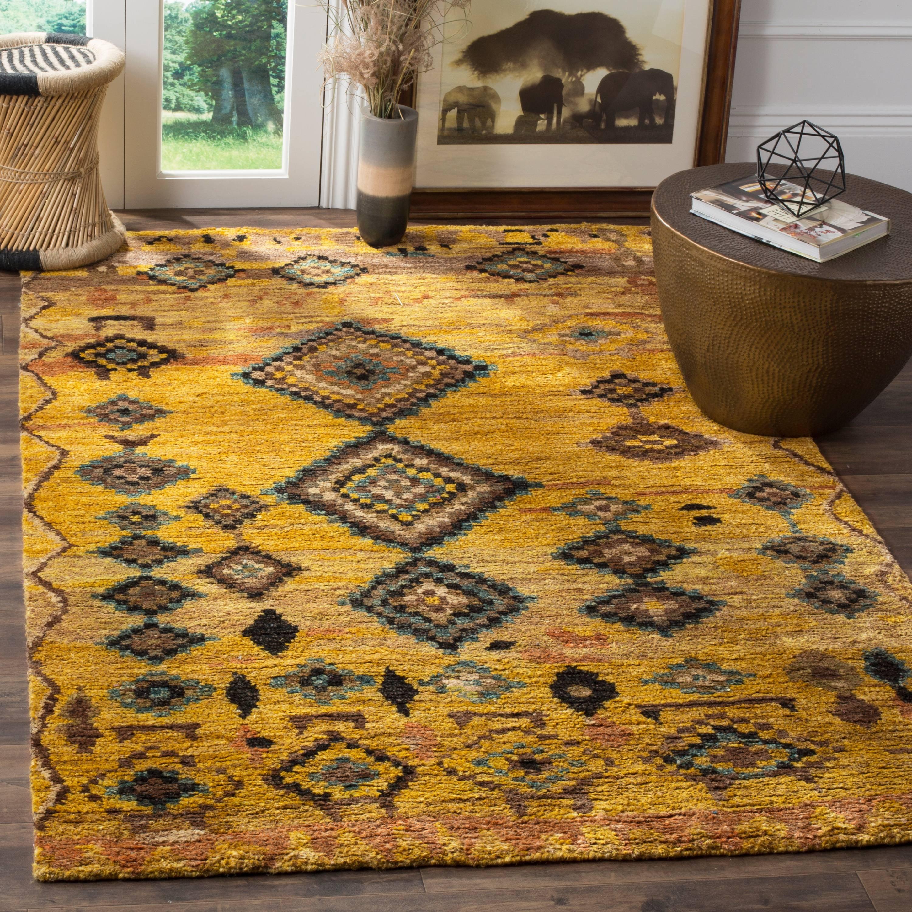 Hand-Knotted Geometric Gold & Ivory Wool-Blend 5' x 8' Area Rug