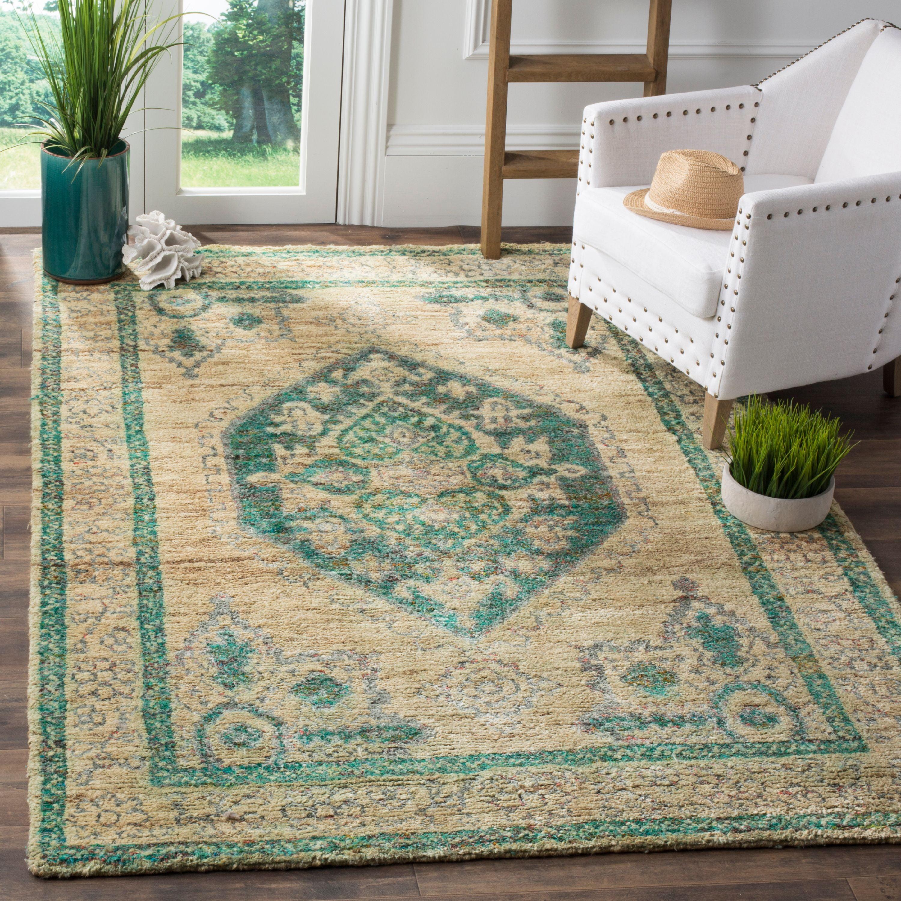 Hand-Knotted Beige and Emerald Wool Viscose 8' x 10' Rug