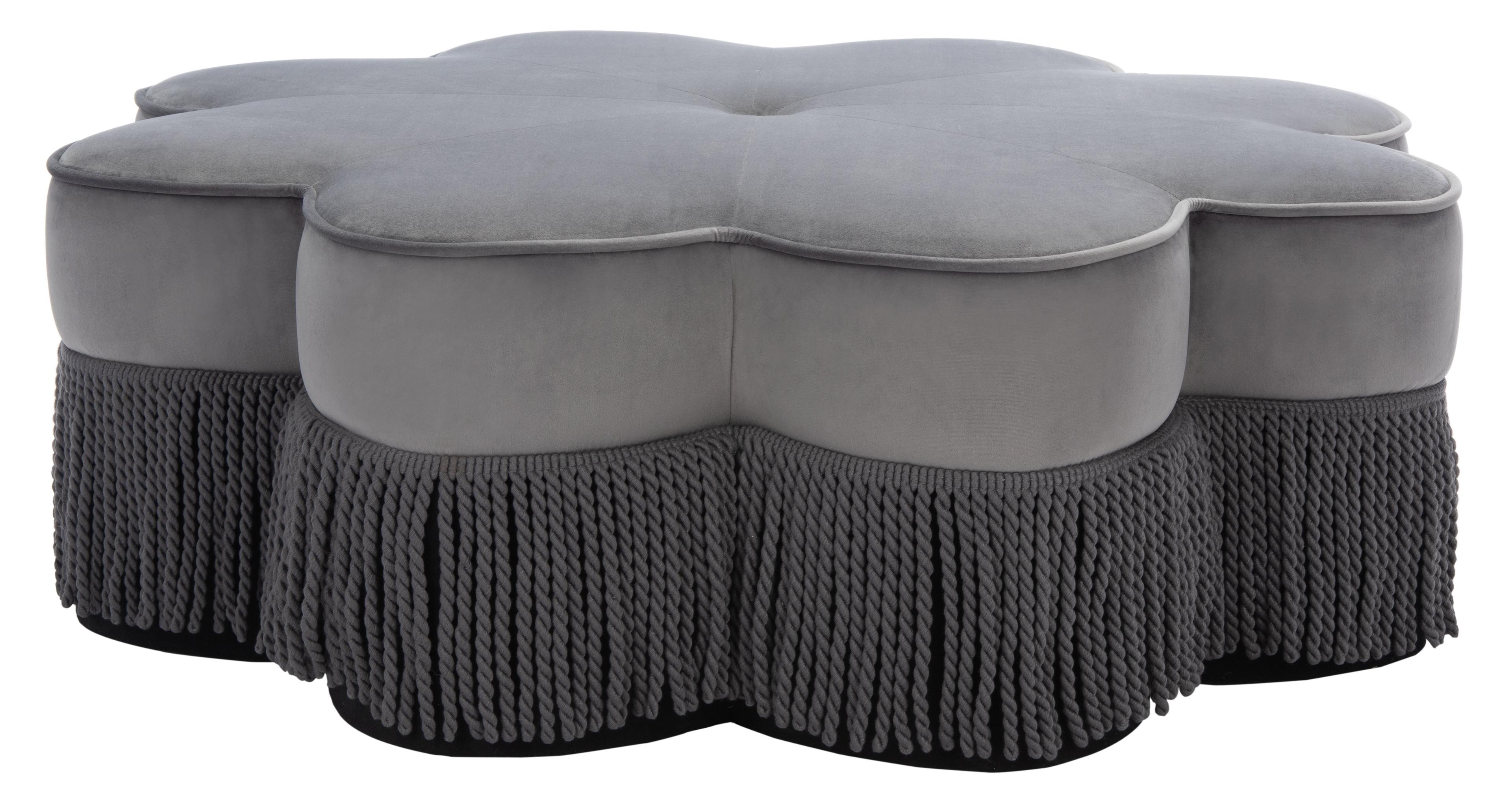 Tanith Dark Grey Velvet Flower Ottoman with Fringe