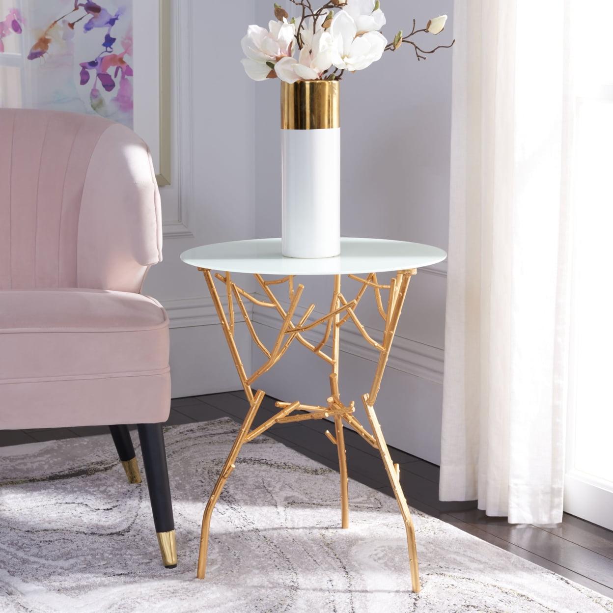 Round White Glass and Gold Metal Mirrored Accent Table