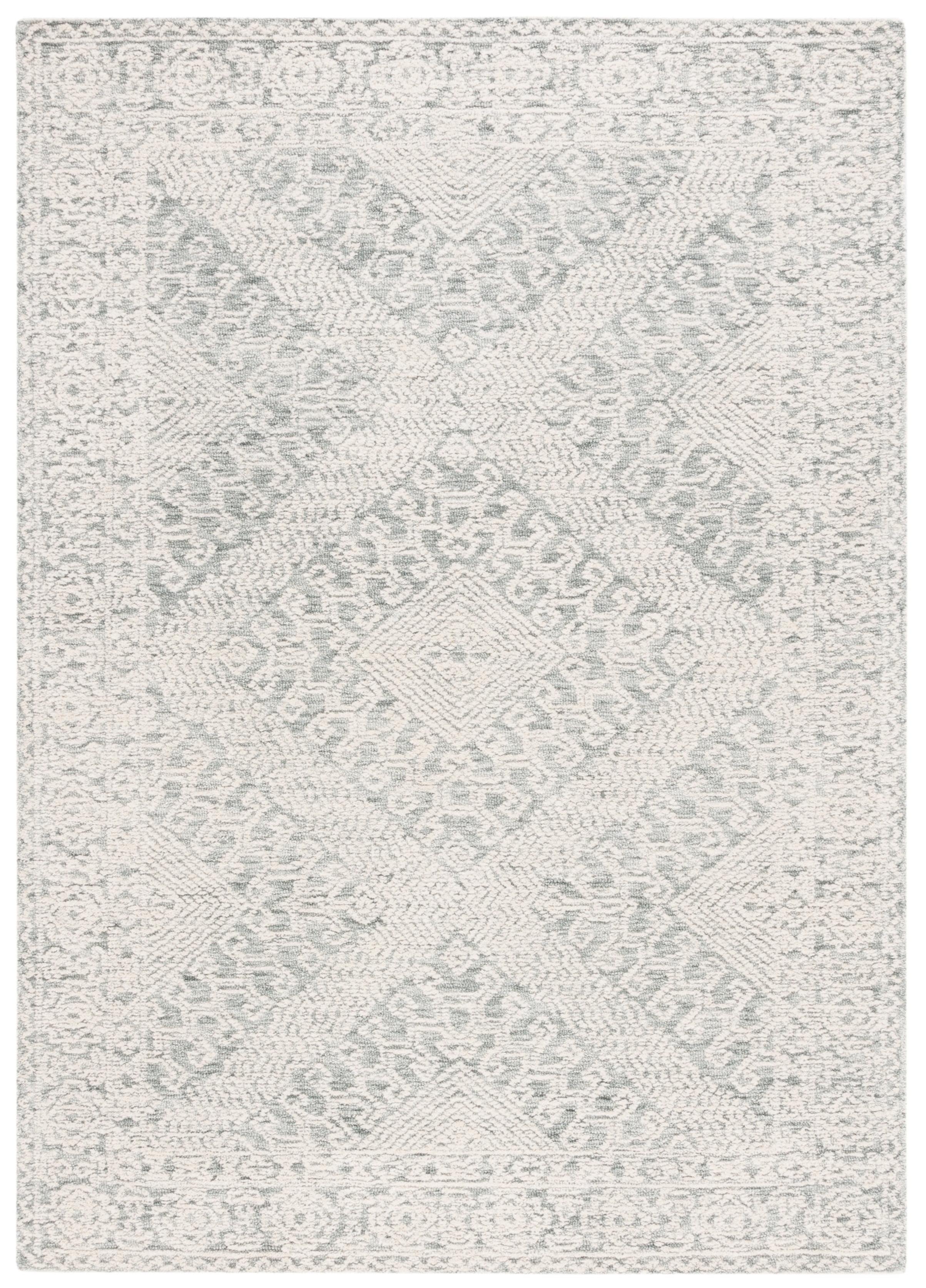 Ivory and Sage Geometric Wool Handmade Area Rug 5' x 8'