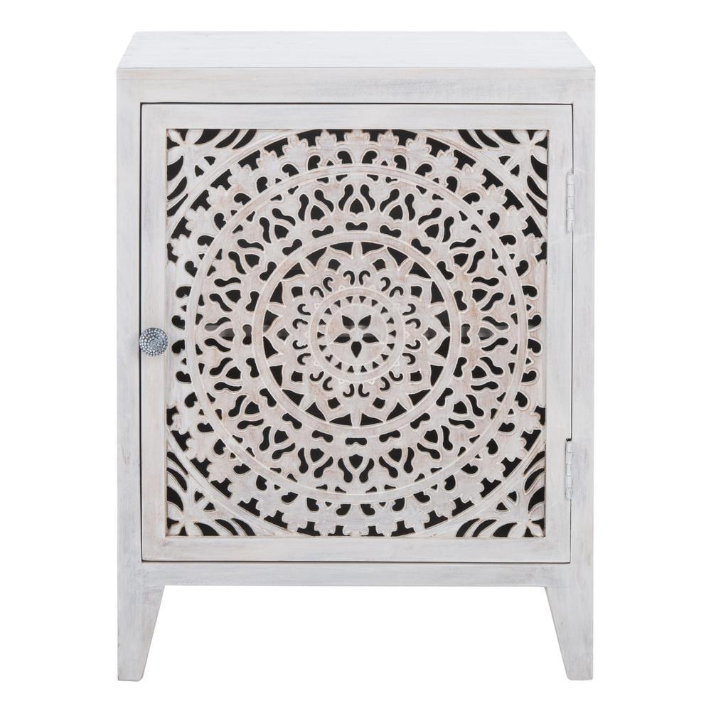 Thea White Washed Carved Wood 1-Door Nightstand