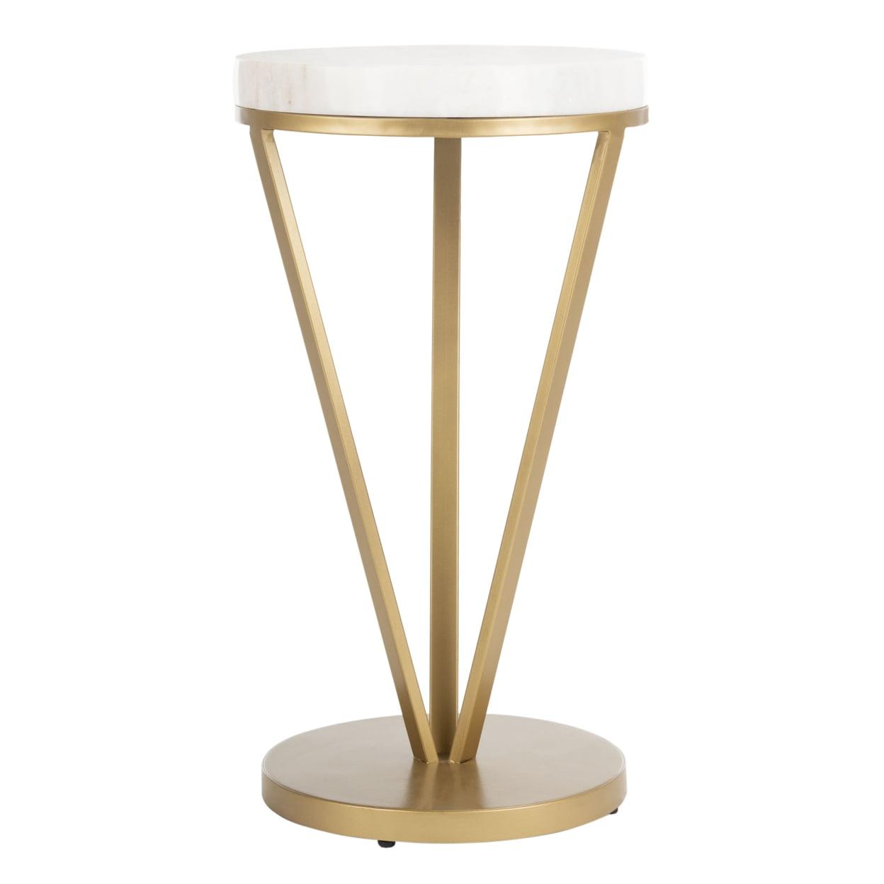 Transitional 14" Round Stone and Metal Accent Table in Gold/White