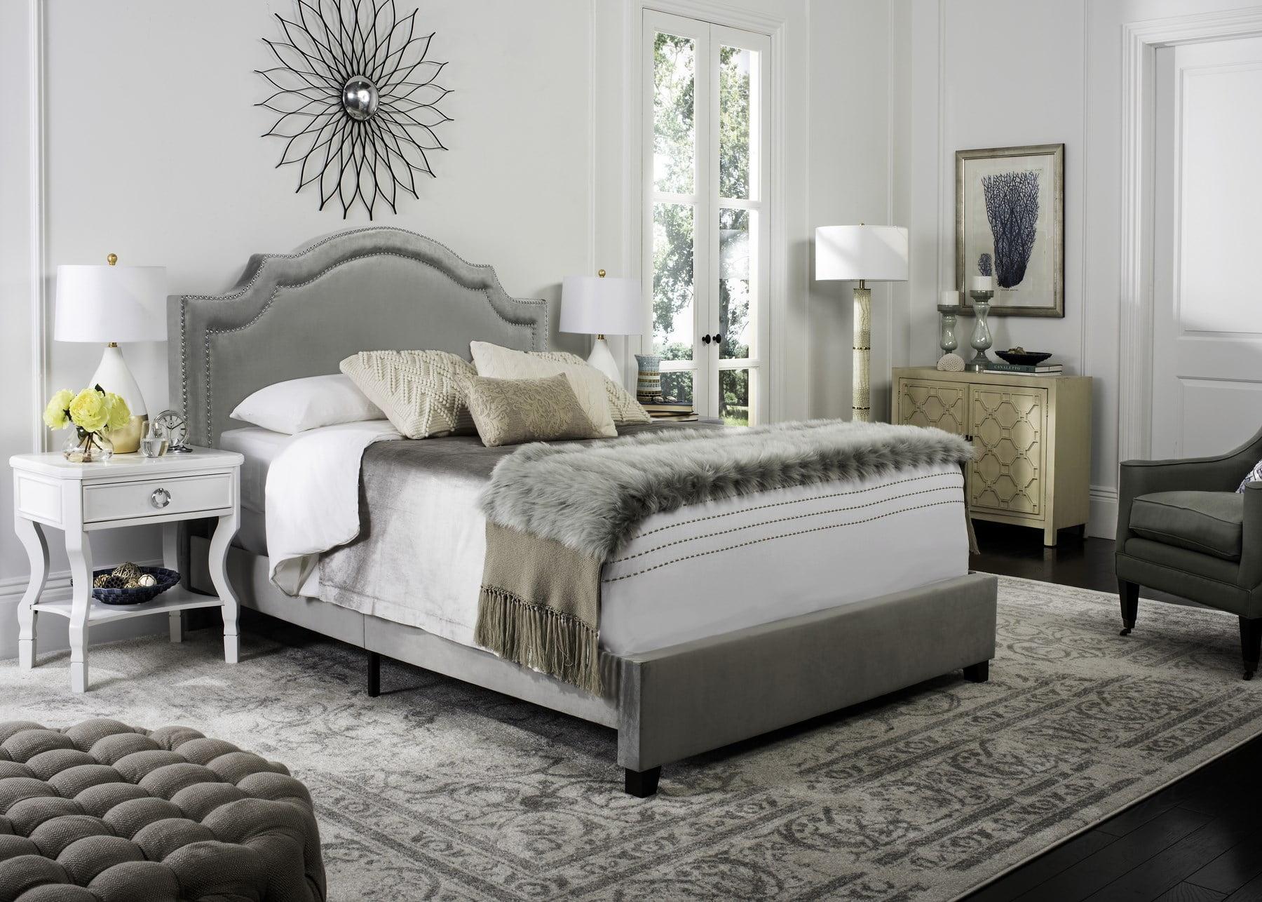 Elegant Pewter Linen Full Platform Bed with Nailhead Trim