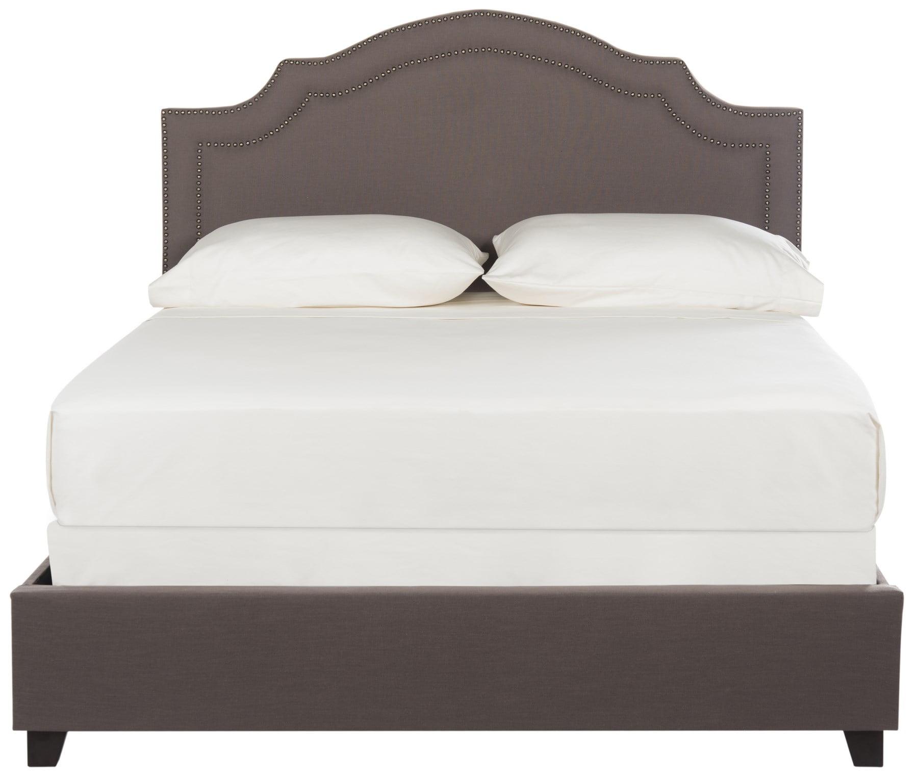 Elegant Gray Linen Queen Platform Bed with Brass Nailhead Trim
