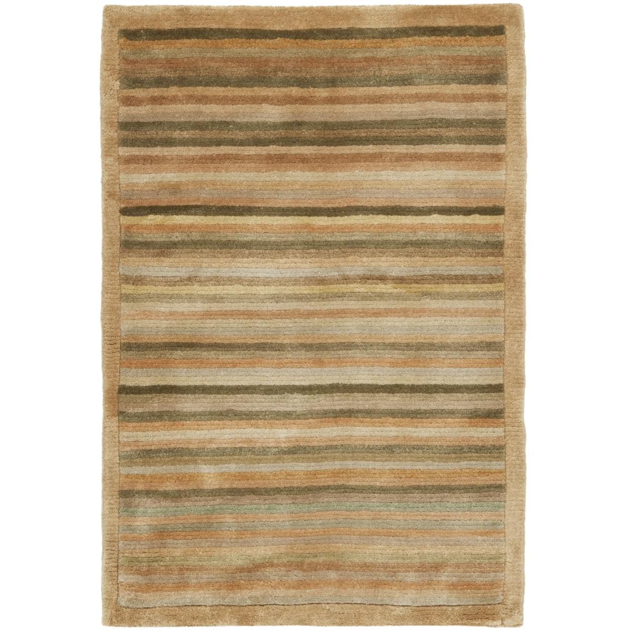 Handmade Apricot and Sage Wool Striped Rug, 2' x 3'