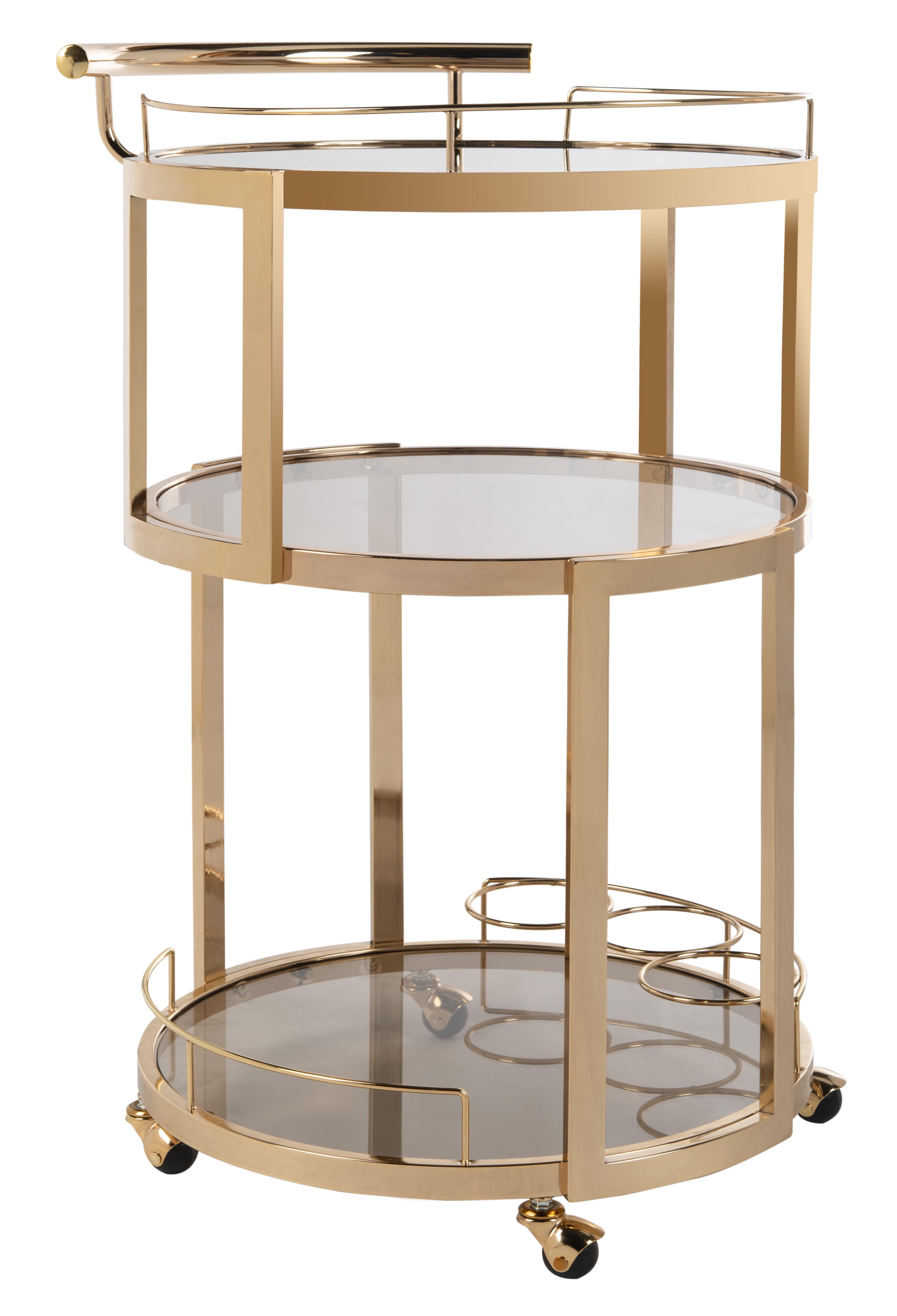 Transitional Gold Tinted Glass 3-Tier Round Bar Cart with Wine Rack