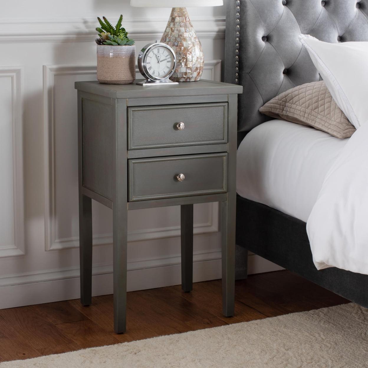 Transitional Ash Grey Elm Wood Nightstand with Metal Pulls