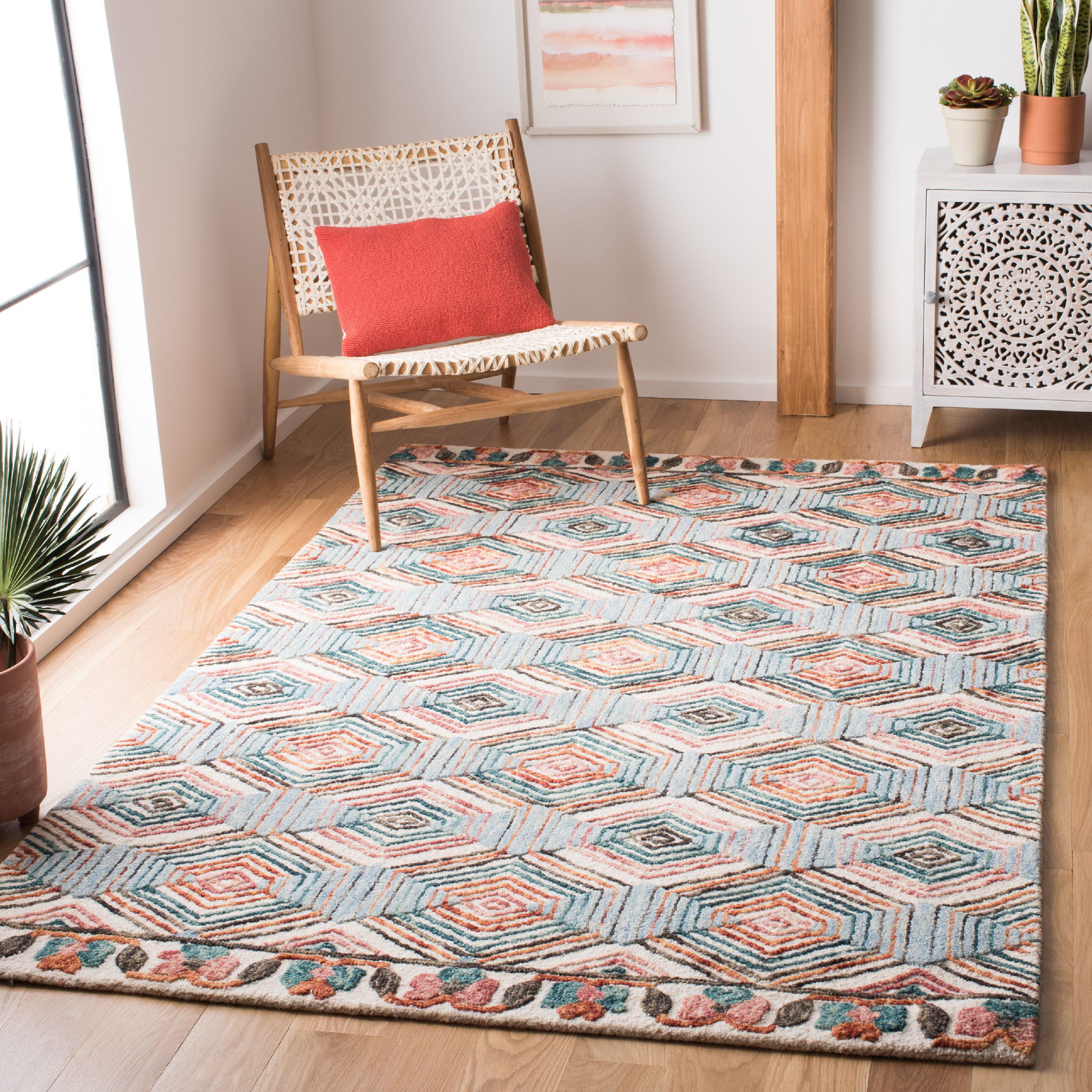 Ivory and Light Blue Hand-Tufted Wool Square Rug