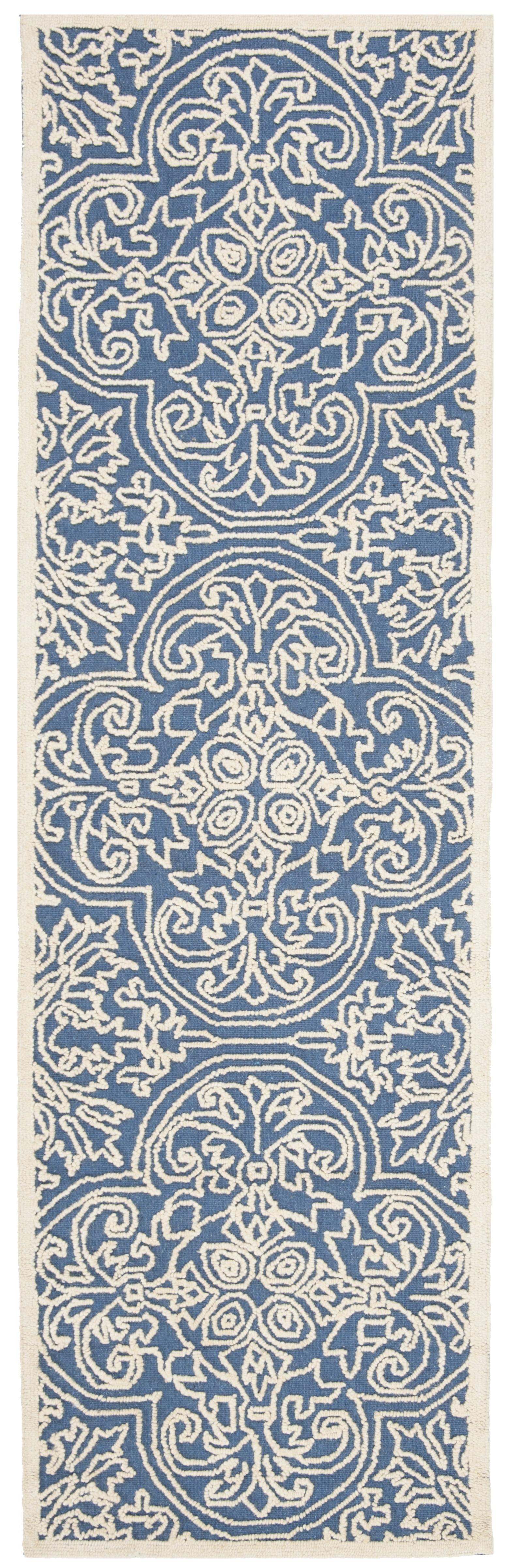 Blue and Ivory Hand-Tufted Wool Geometric Runner Rug