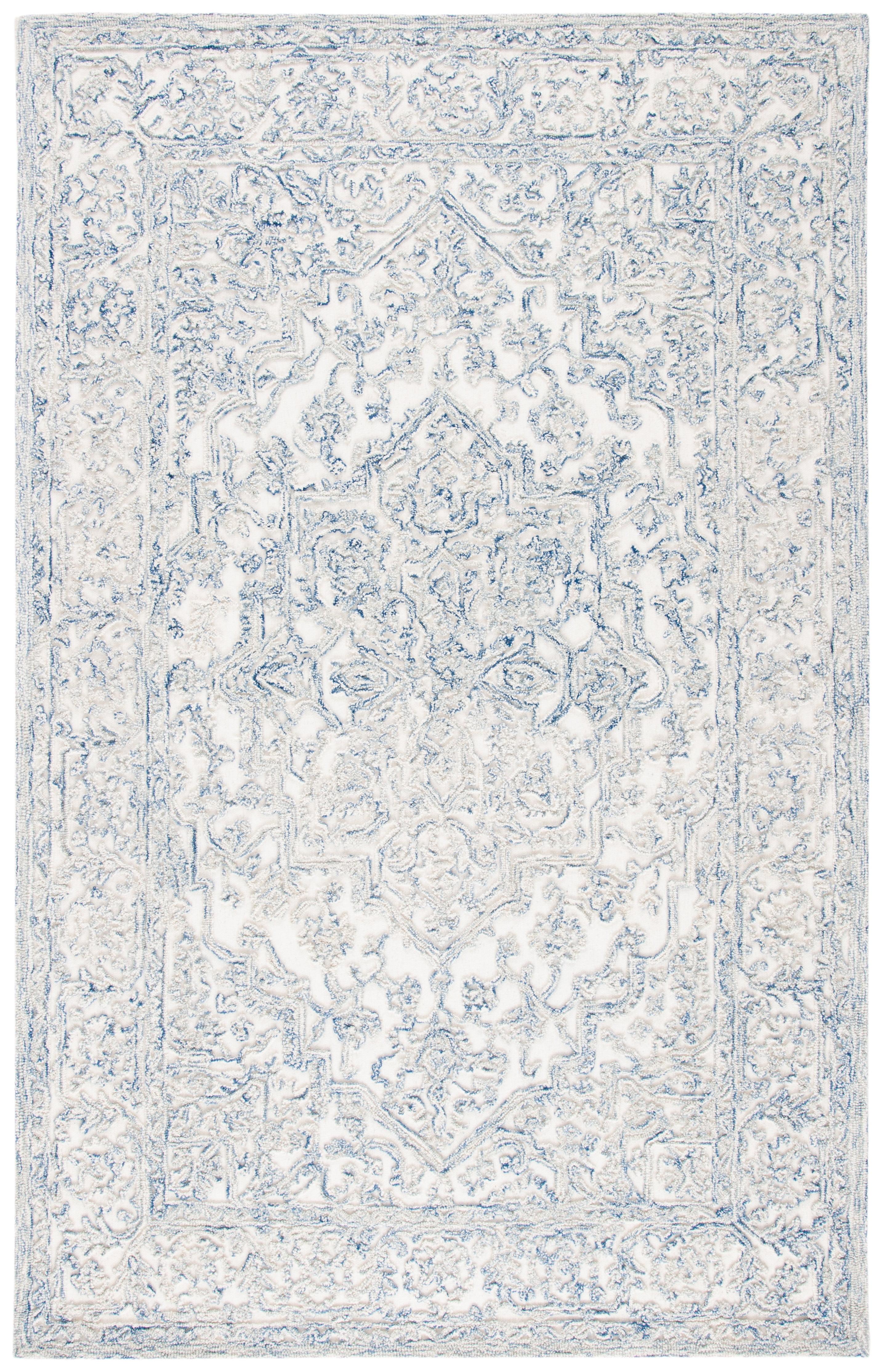 Ivory and Blue Hand-Tufted Wool Area Rug, 5' x 8'