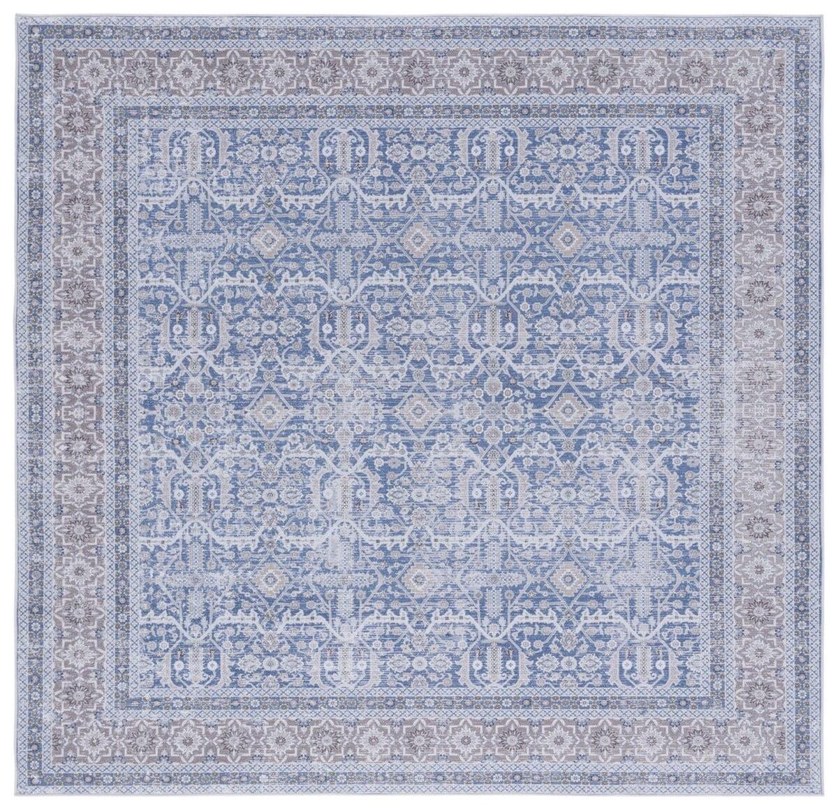 Blue and Rust 6' x 6' Square Washable Synthetic Area Rug