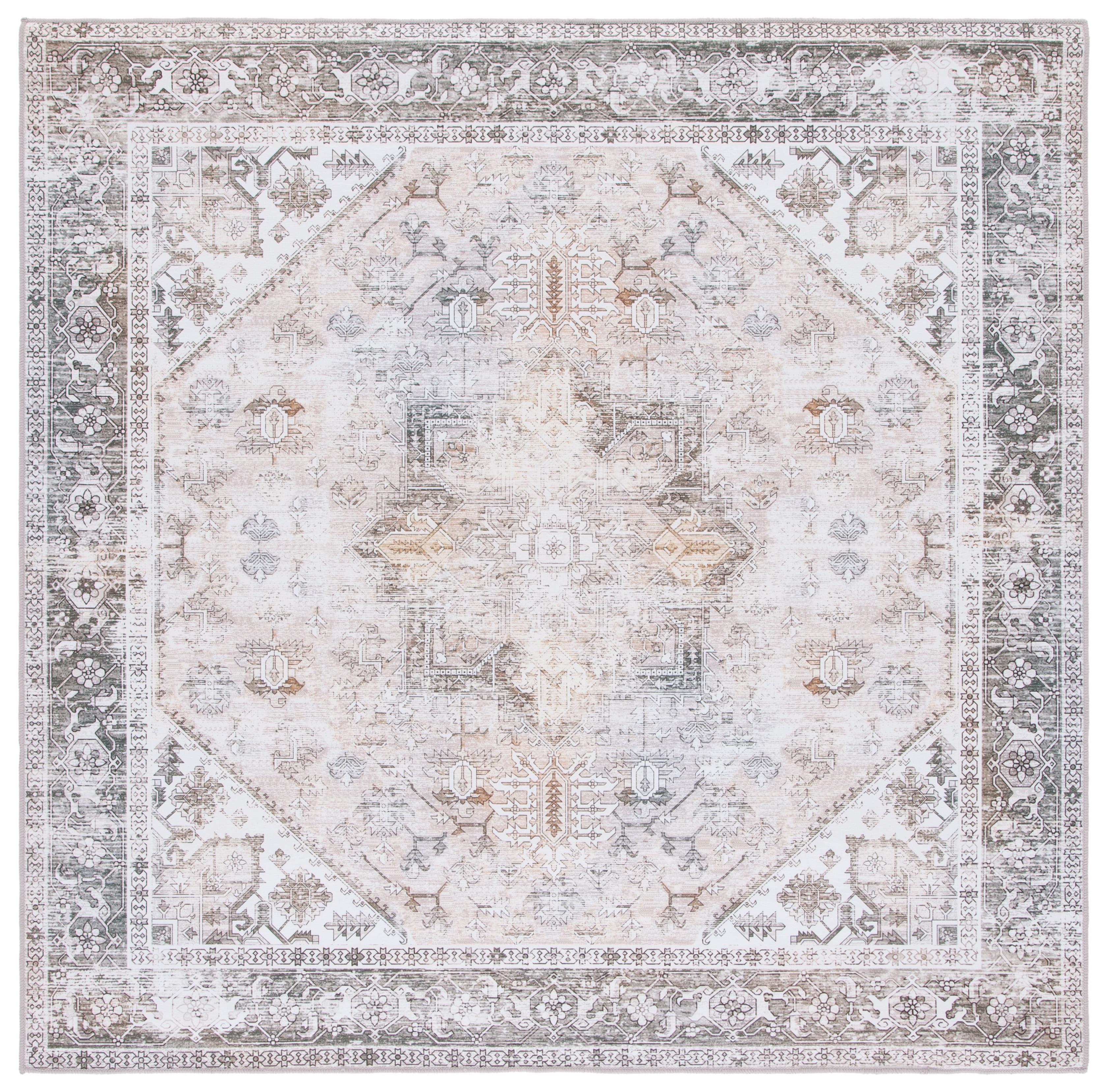 SAFAVIEH Tucson Jayla Oriental Machine Washable Area Rug, Beige/Grey, 7' x 7' Square
