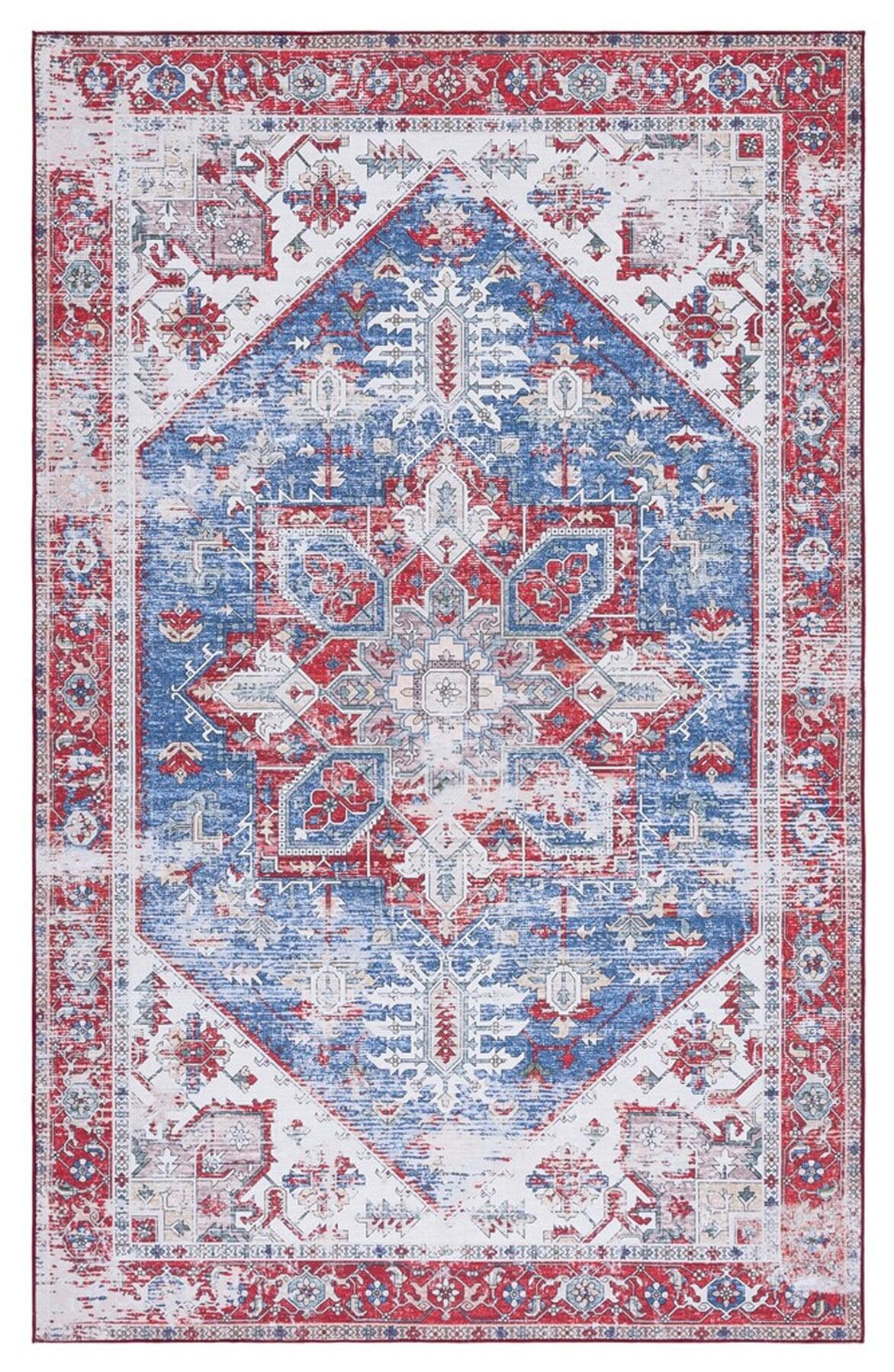 Tucson Red and Blue Machine Washable Synthetic Area Rug