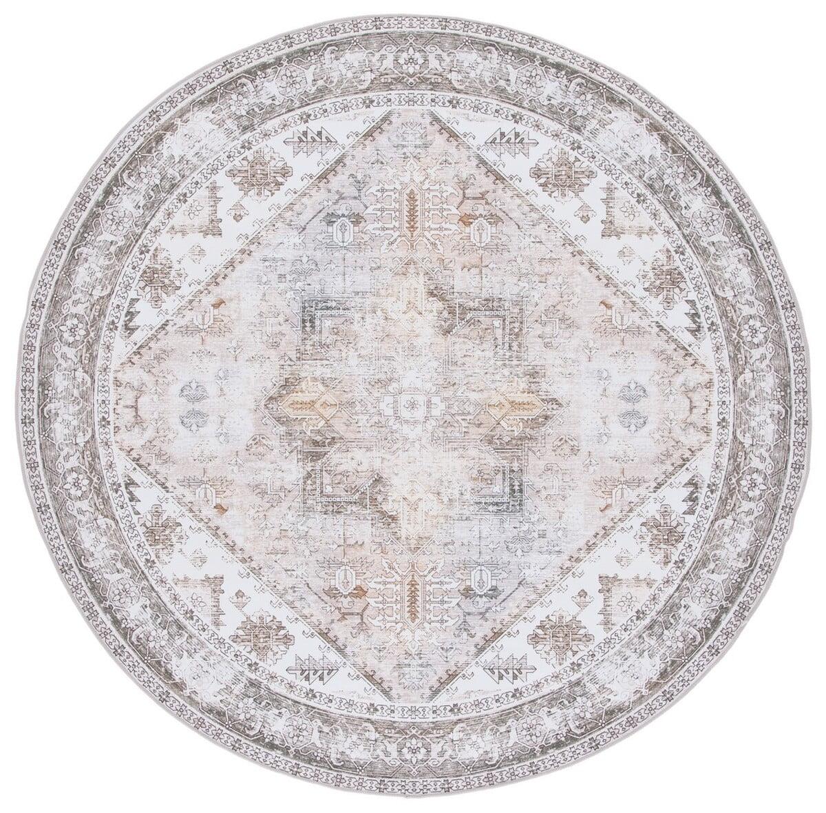 Beige and Grey Synthetic 4' Round Non-Slip Washable Rug