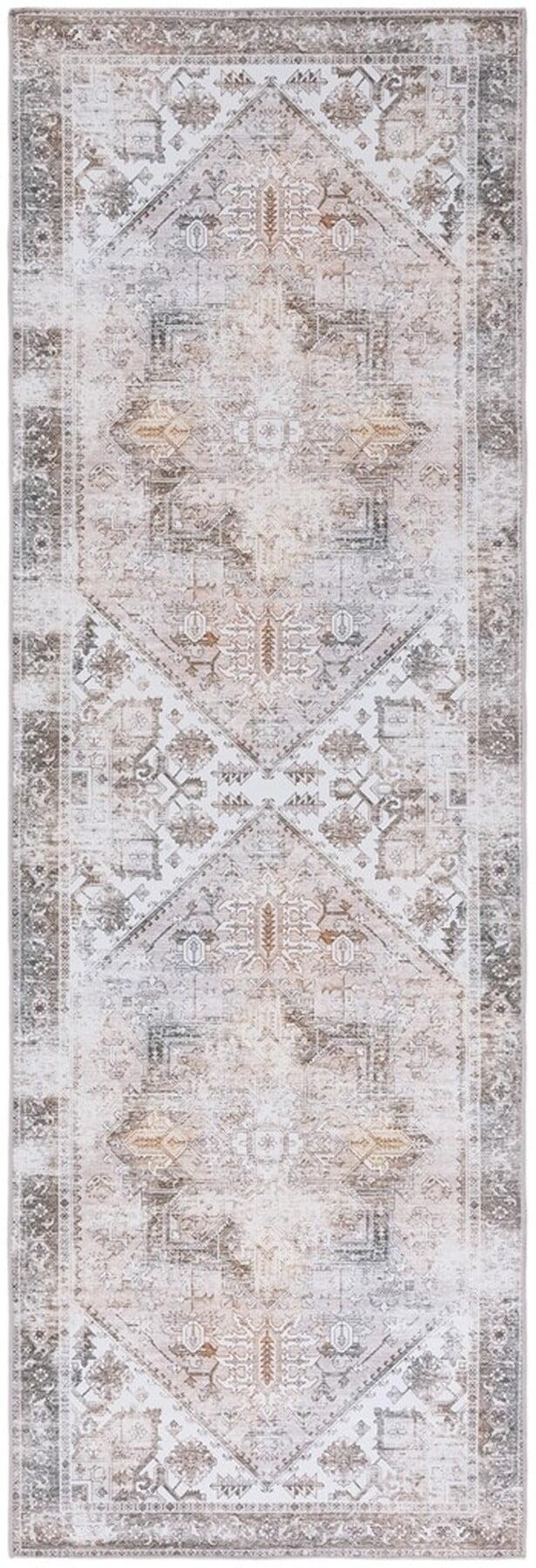 Beige and Grey Synthetic Machine Washable Runner Rug