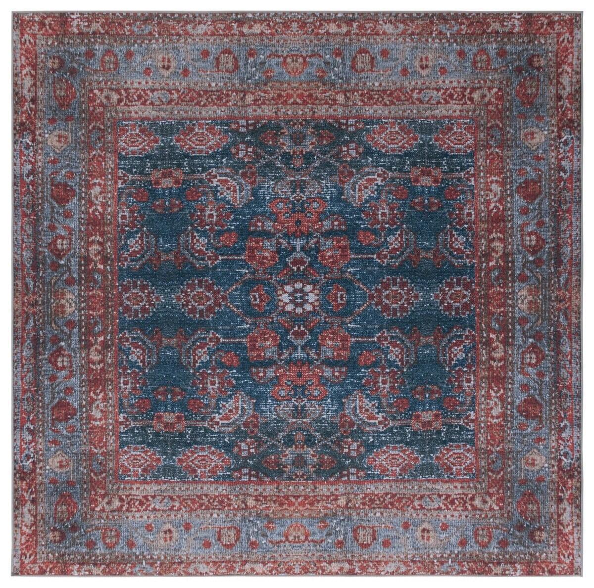 Tucson Blue and Rust Square Machine Washable Area Rug