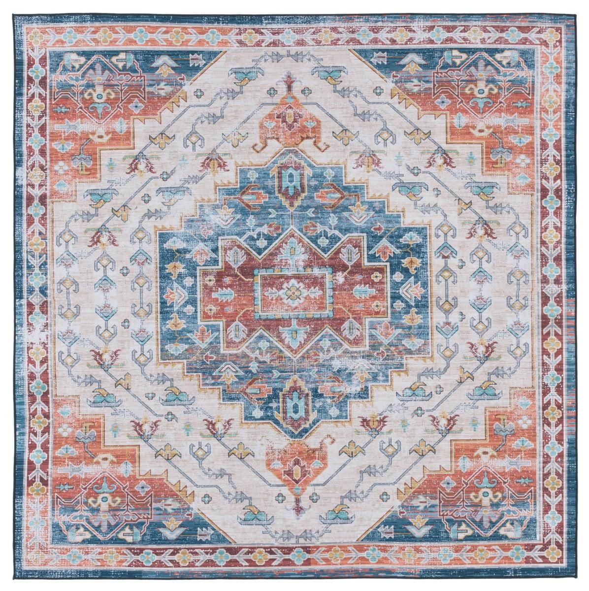 Tucson TSN116 Power Loomed Machine Washable Area Rug - Blue/Rust - 6'x6' - Safavieh.