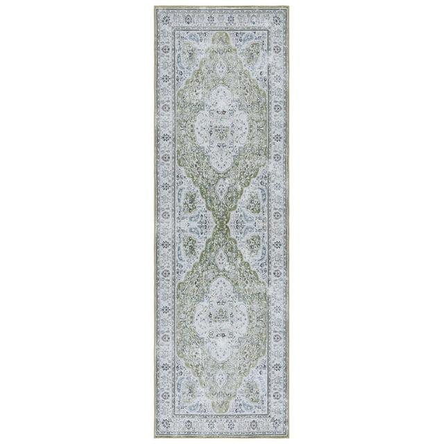 SAFAVIEH Tucson Natalie Oriental Machine Washable Runner Rug, Green/Beige, 2'6" x 12'