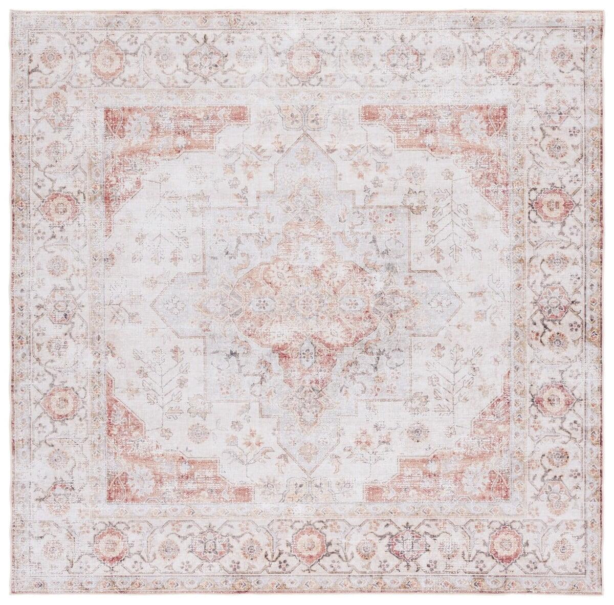 Elegant 5' Square Light Grey & Rust Synthetic Area Rug