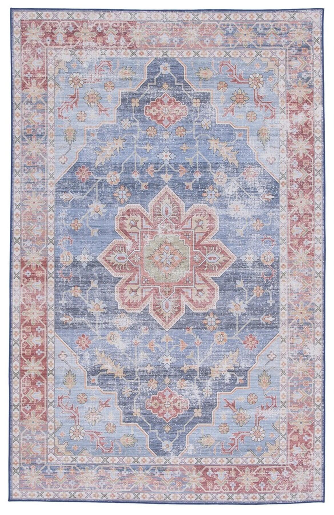 Blue and Rust Round Synthetic Washable Area Rug