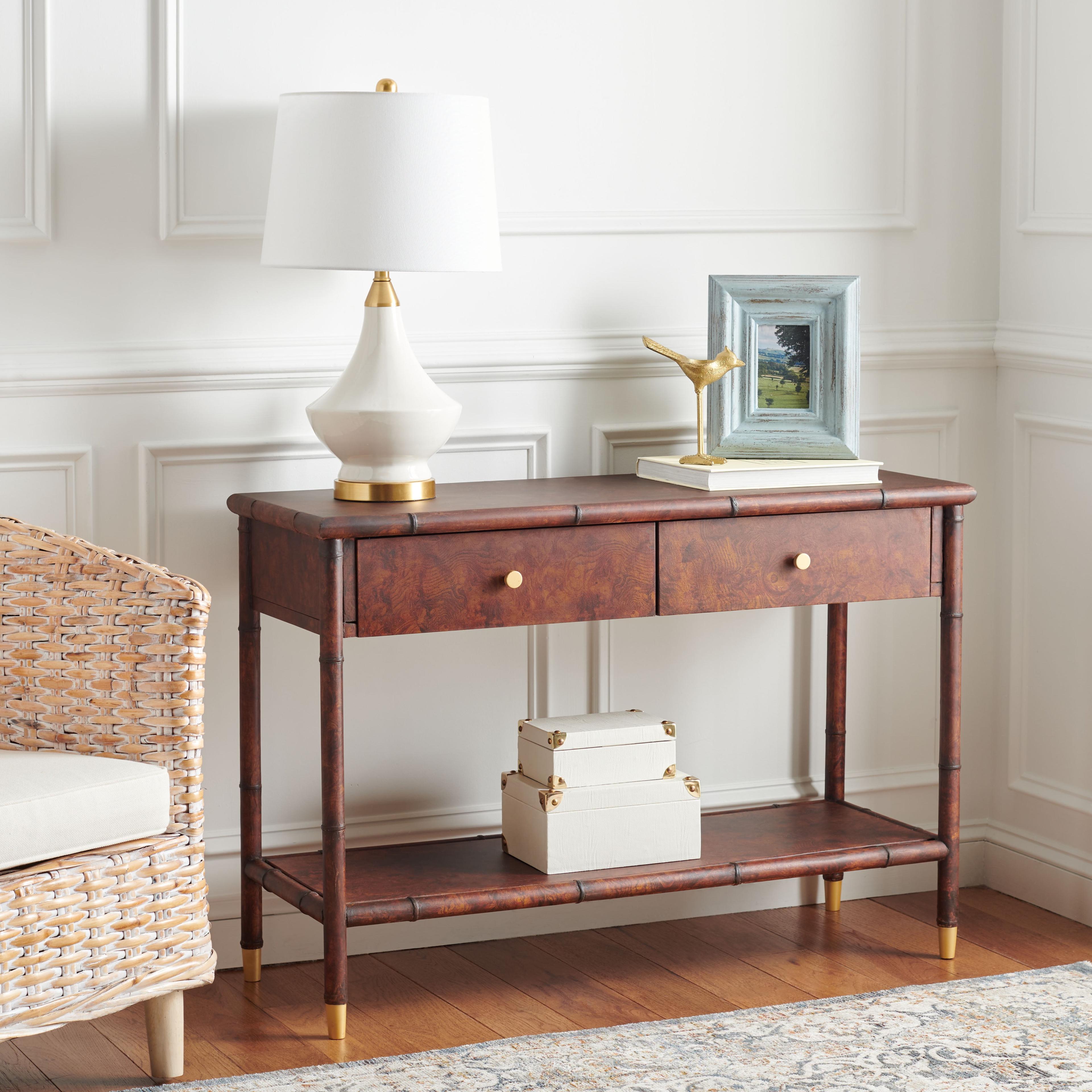 Tudor Inspired Dark Brown Wood Console Table with Gold Accents