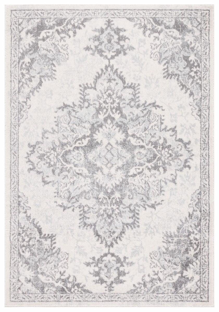 Ivory and Grey Rectangular Stain-Resistant Synthetic Area Rug