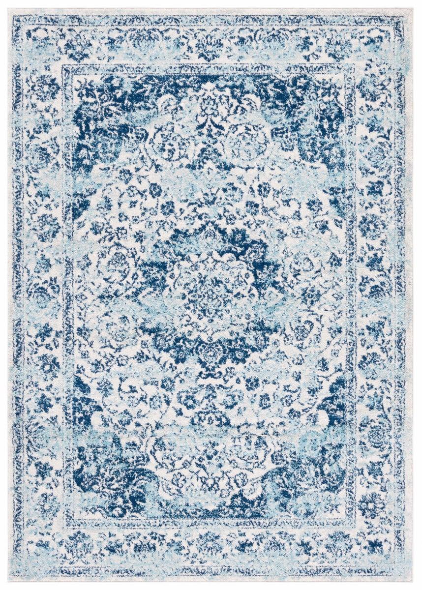 Ivory and Blue 8' x 10' Synthetic Square Area Rug