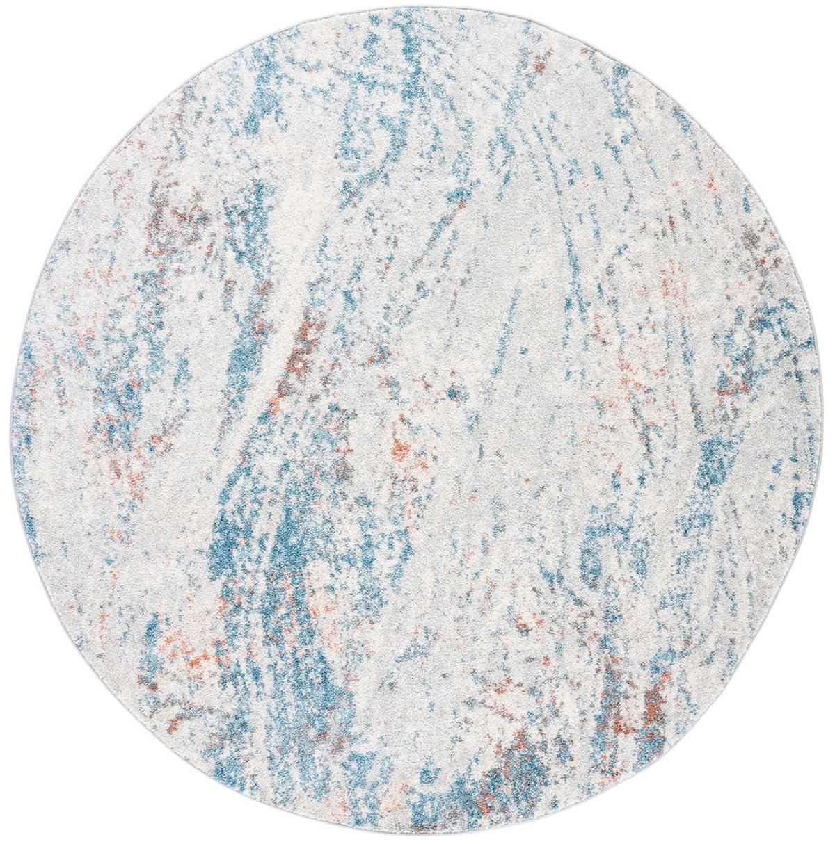 Ivory and Blue Abstract Round Synthetic Area Rug