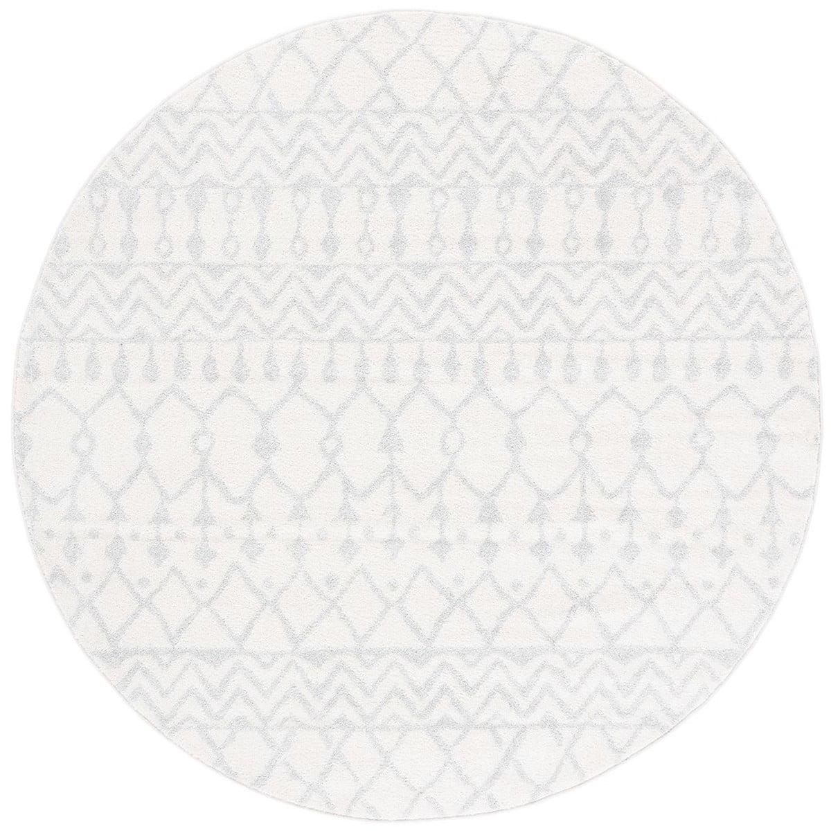 Ivory and Light Grey Hand-Knotted Round Synthetic Area Rug