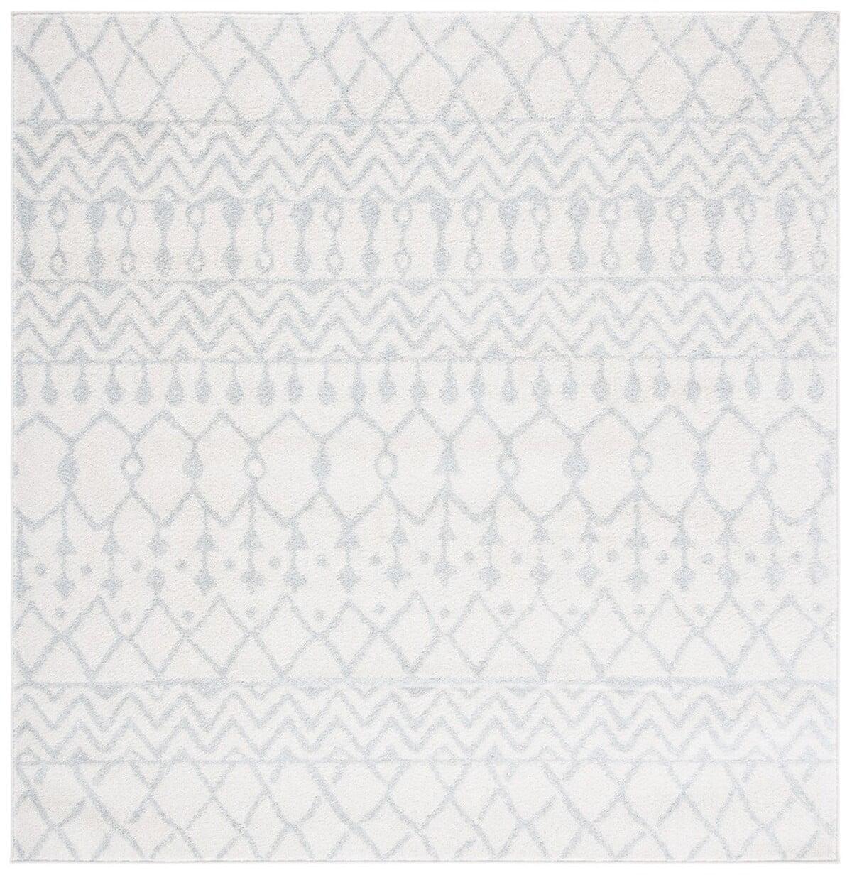 Ivory and Light Grey Hand-Knotted Square Synthetic Rug